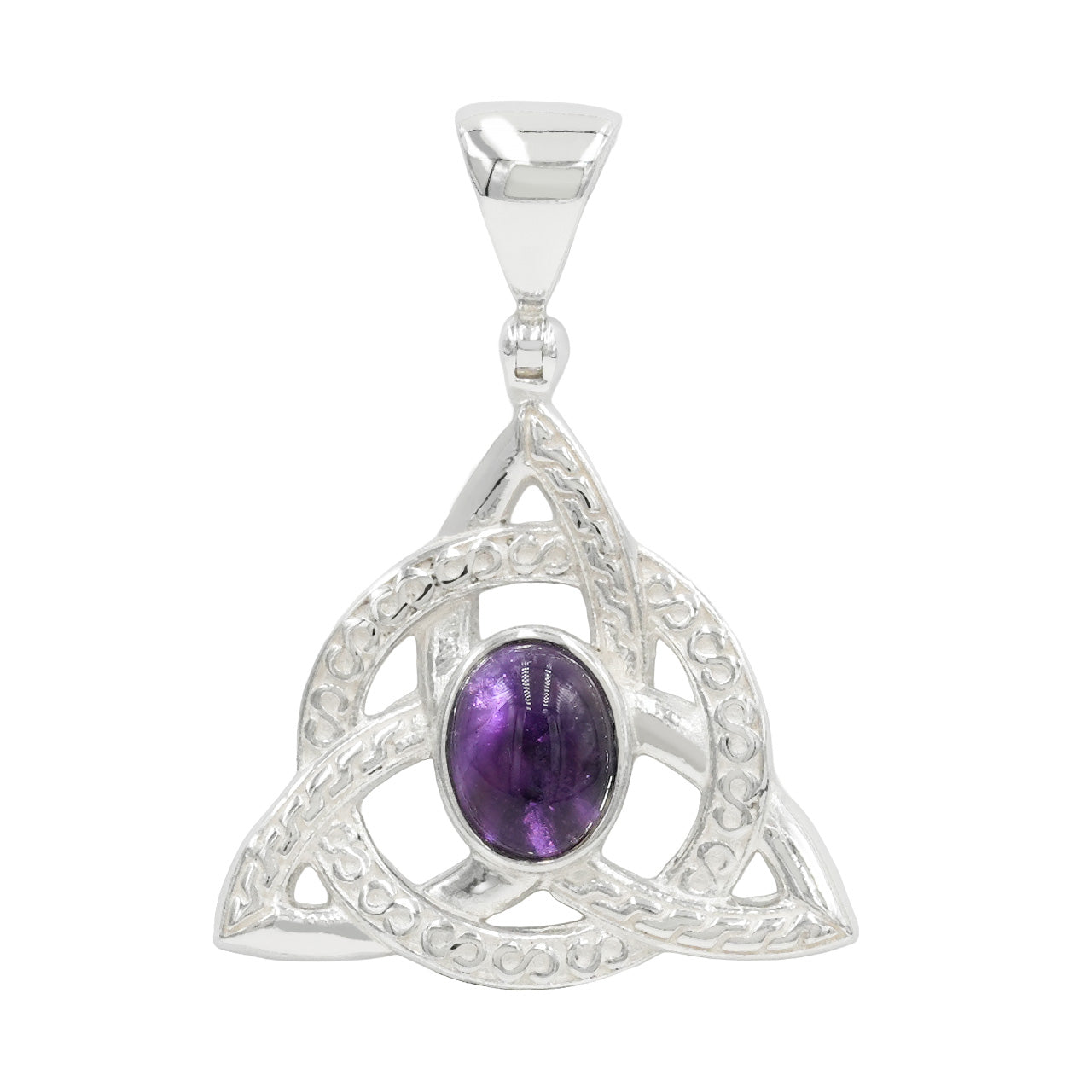 Front view of a silver triquetra pendant with an oval purple Amethyst center stone. 
