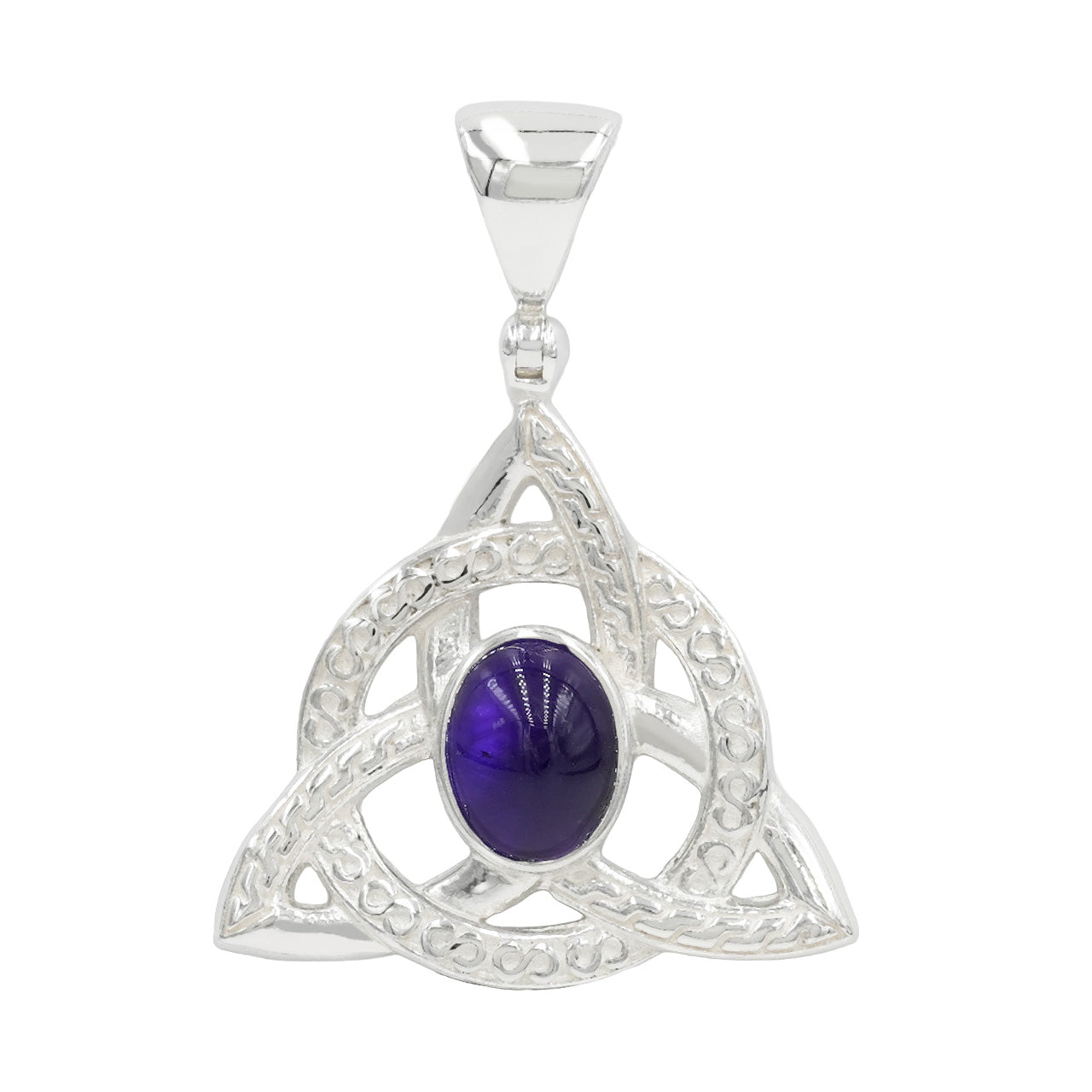 Second front view of a silver triquetra pendant with an oval purple Amethyst center stone. 