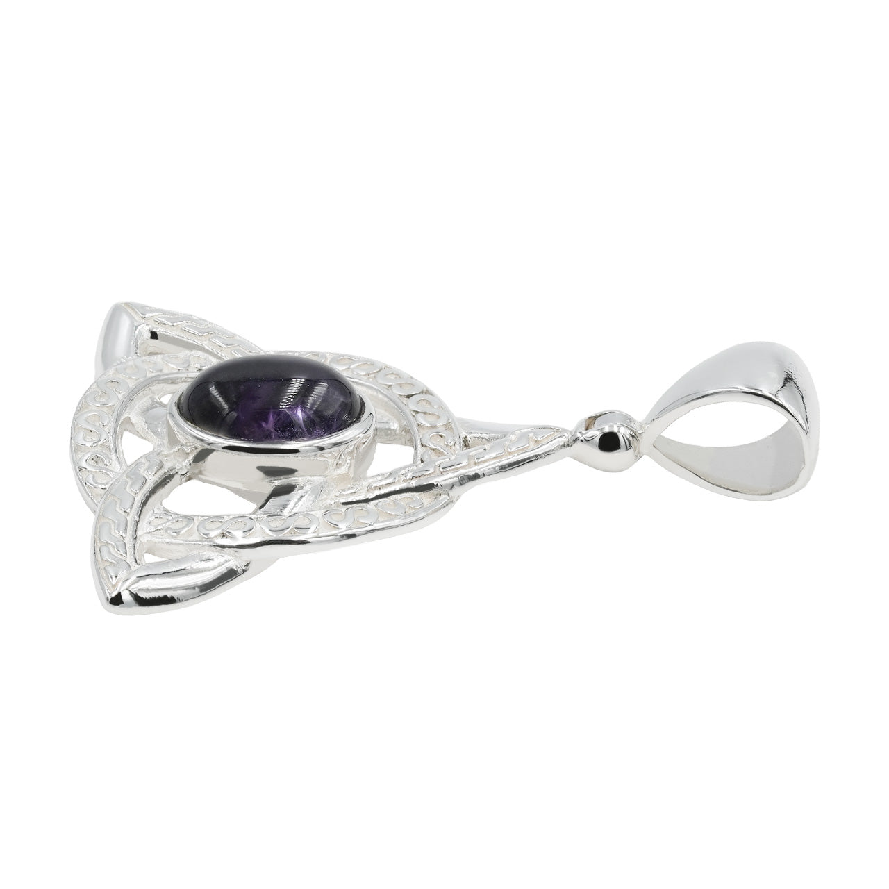 Side profile of an amethyst triquetra pendant showing the stone thickness and the silver frame