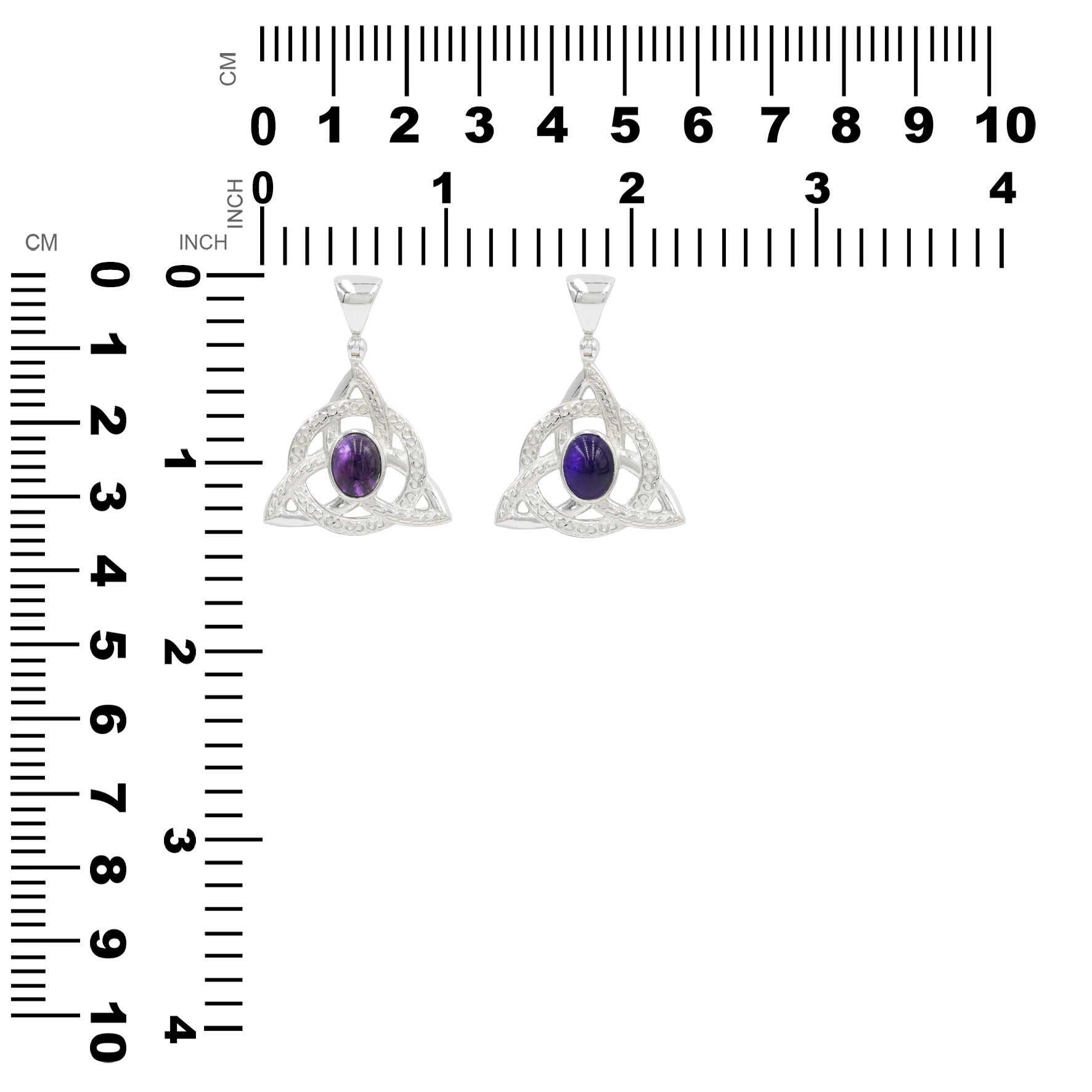 Pairs of Amethyst triquetra pendant next to measurement chart showing the height and width in centimeters and inches. 
