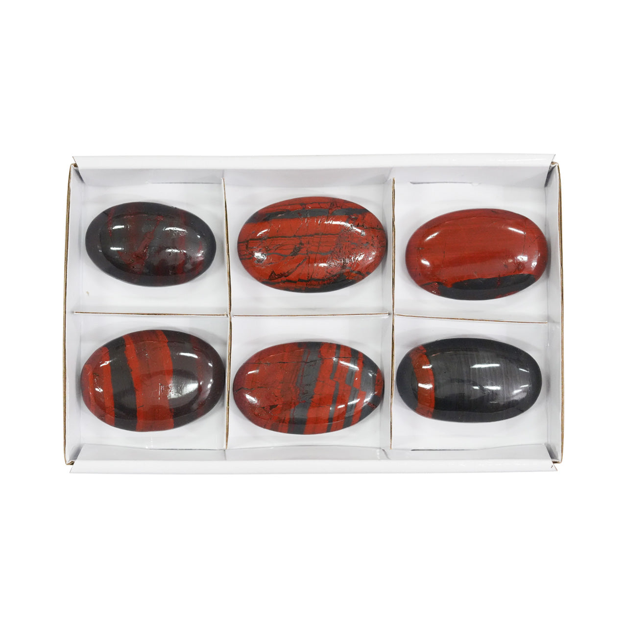 Second front view of six Ancestralite palm stones showing the natural red and dark grey banding.