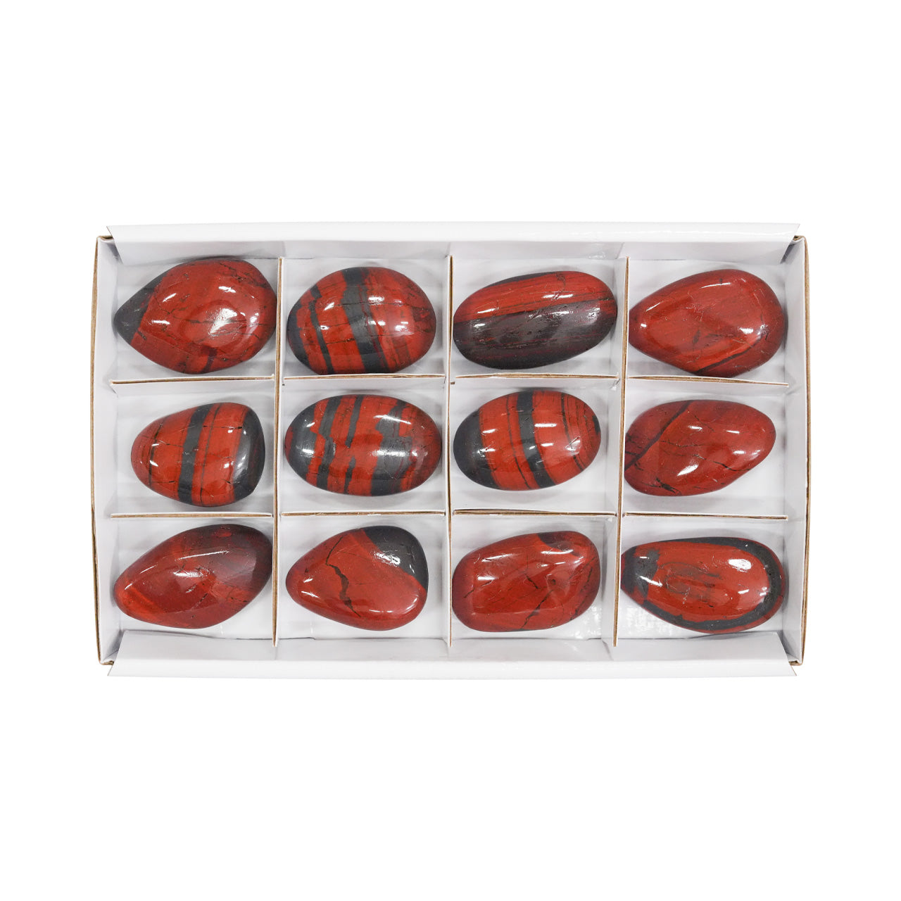 Front view of twelve Ancestralite freeform palm stones showing the natural red and dark gray patterns. 