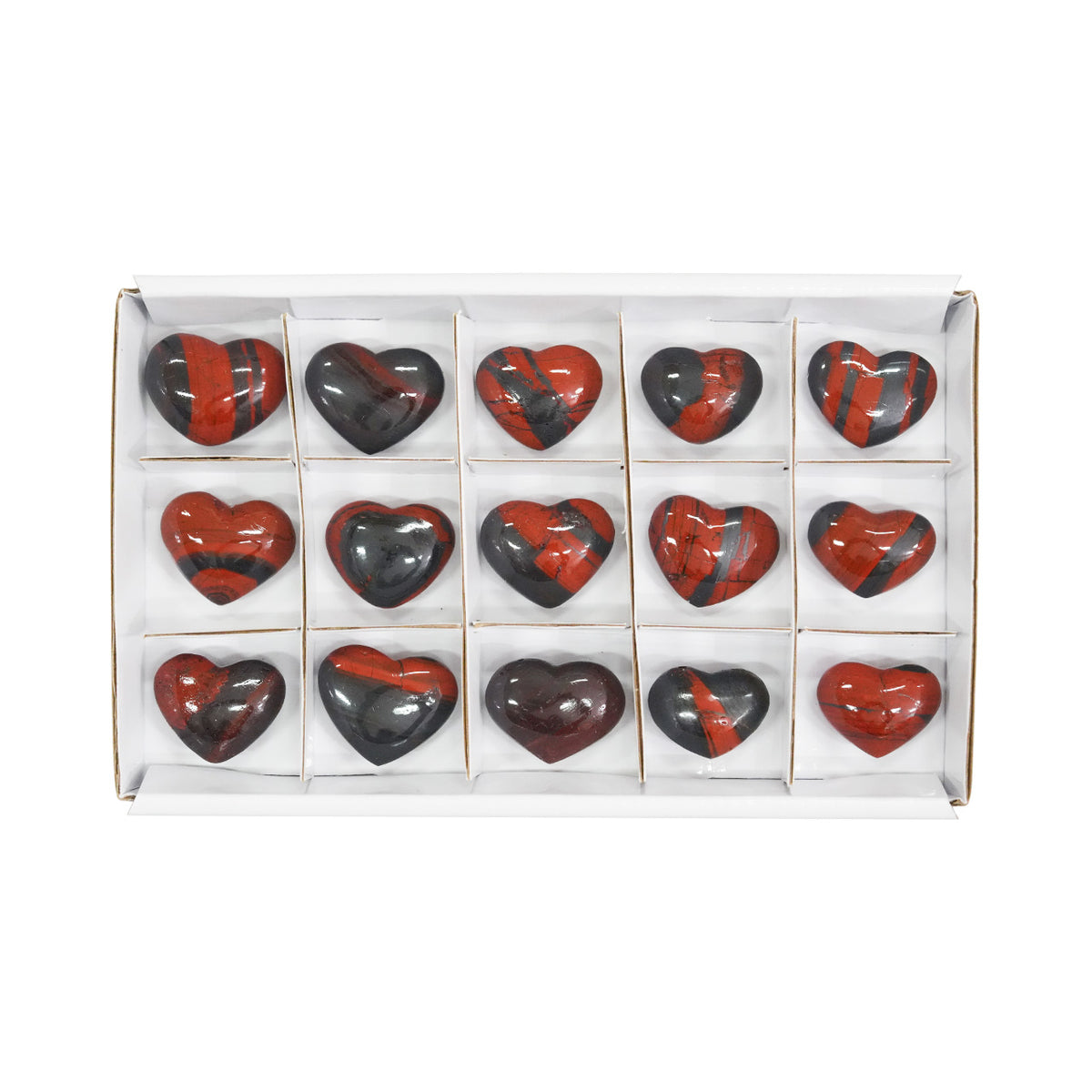 Front view of fifteen Ancestralite heart stones with natural red and dark gray banding