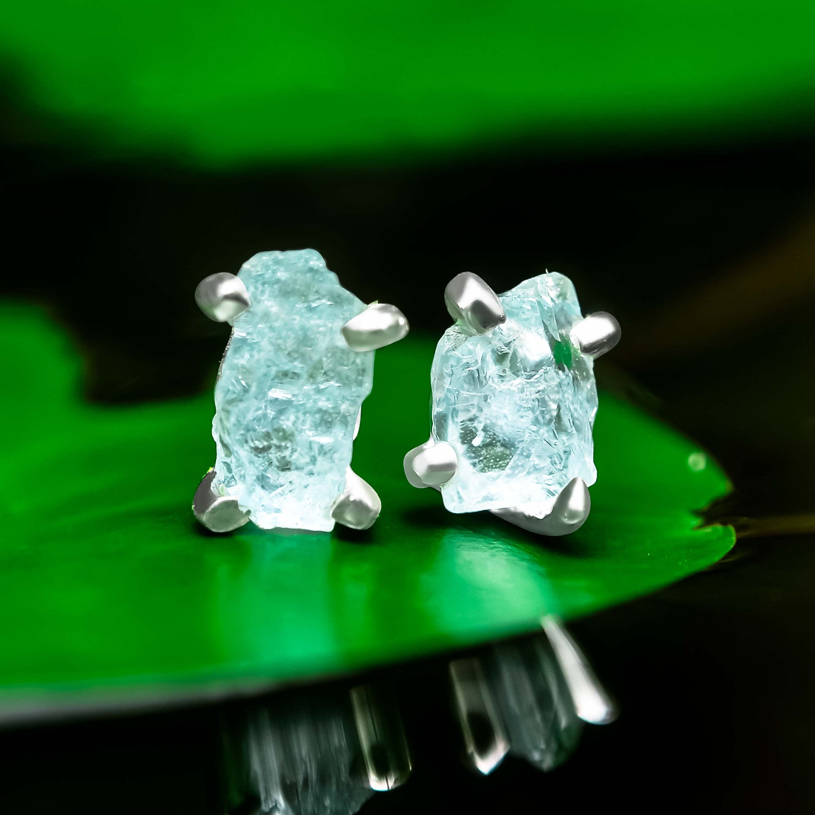Starborn Rough Aquamarine Post Earrings Prong Set in Sterling Silver