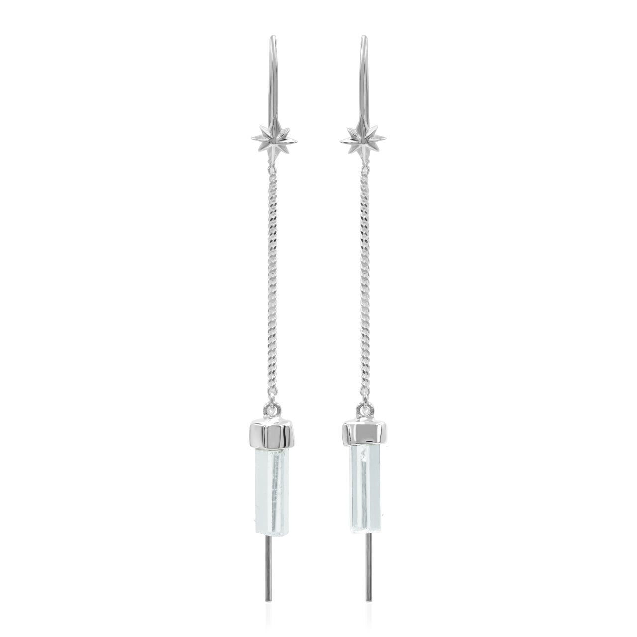 Starborn Aquamarine Crystal Threader Earring with Star Accents in Sterling Silver