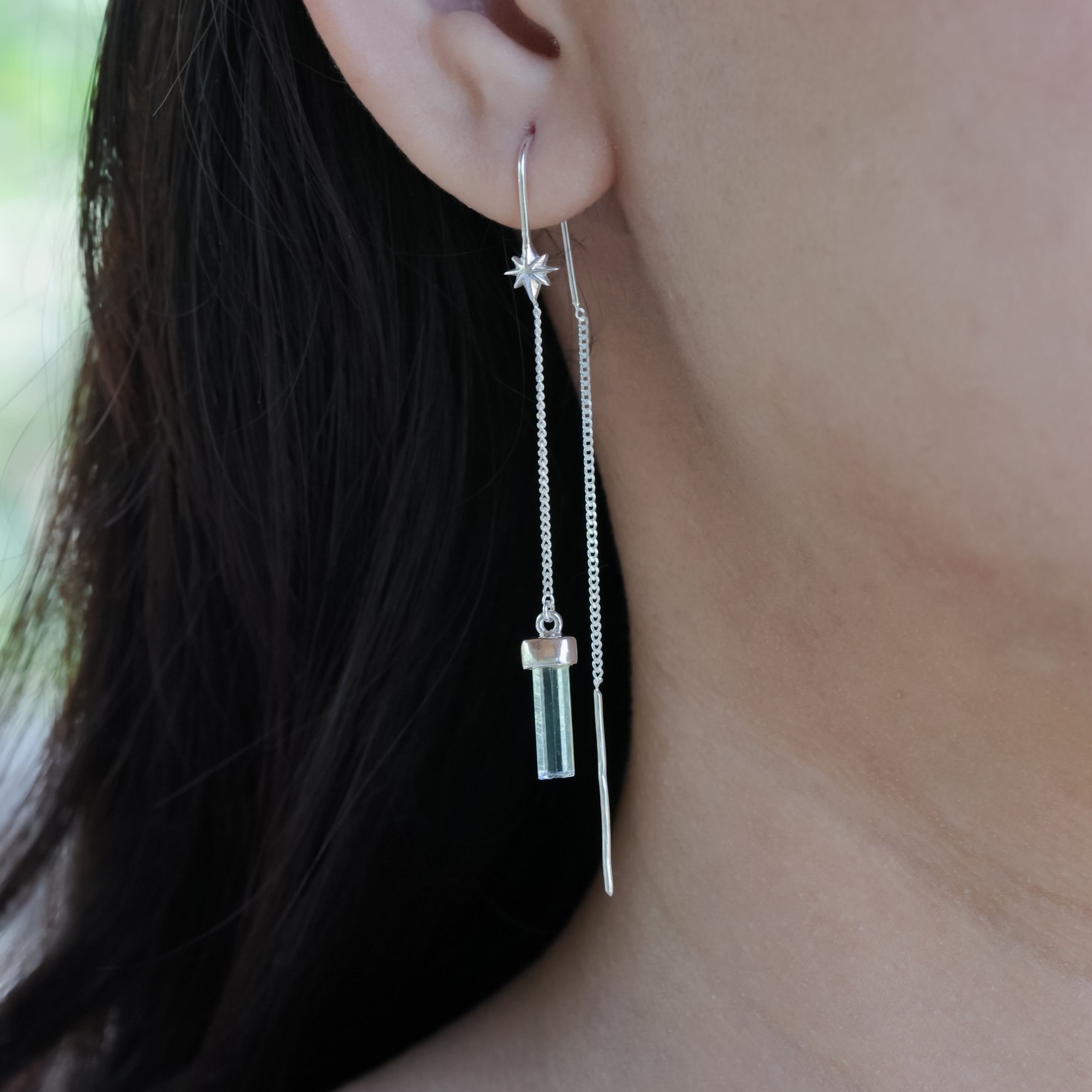 Starborn Aquamarine Crystal Threader Earring with Star Accents in Sterling Silver
