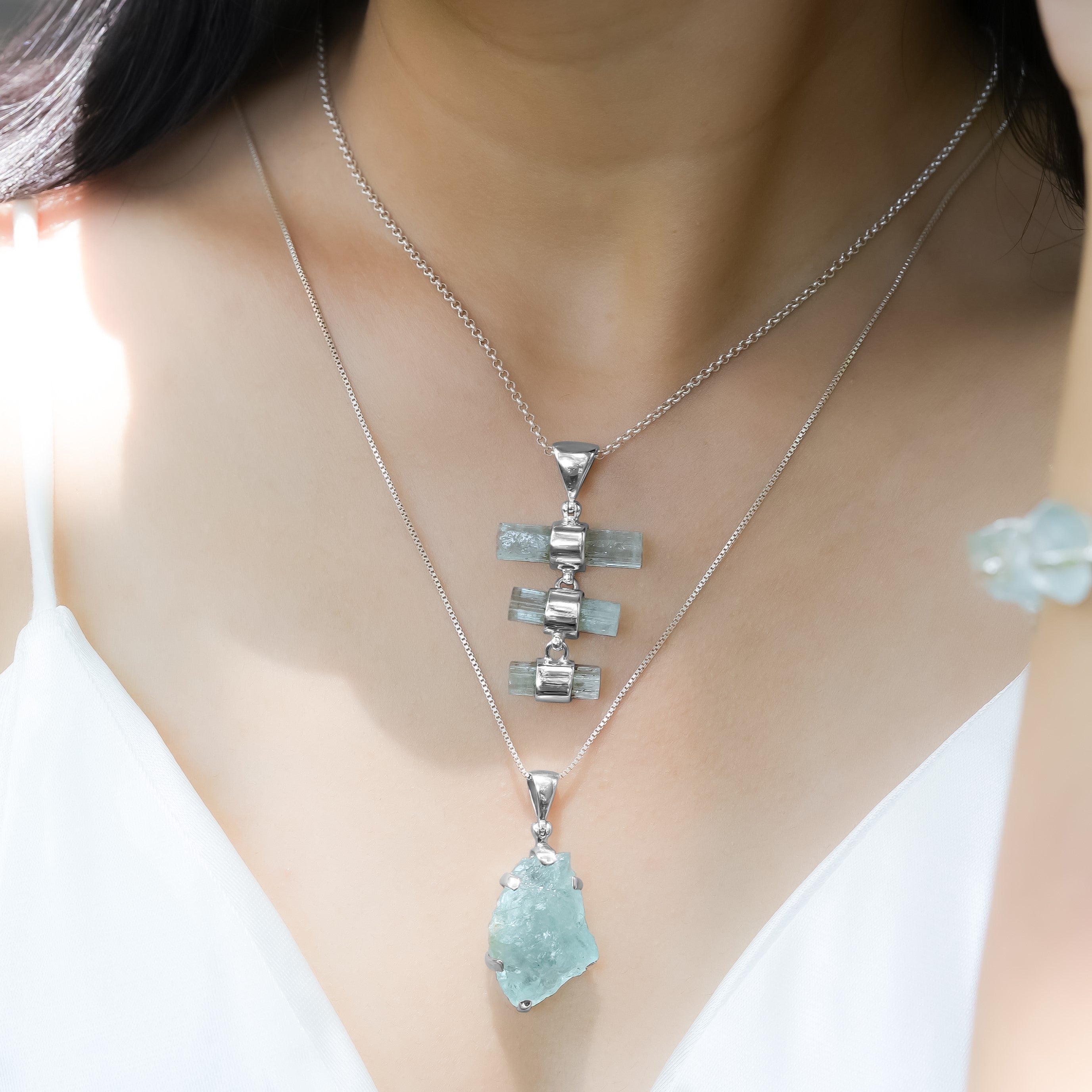 Starborn Triple Dangle Aquamarine with Silver Band Pendant in Sterling Silver