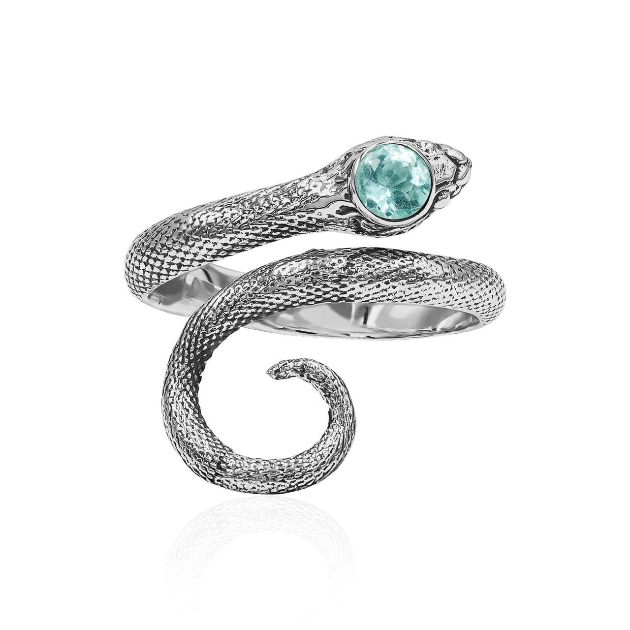 Starborn – Spiralförmiger Schlangenring mit facettiertem Aquamarin in Sterlingsilber