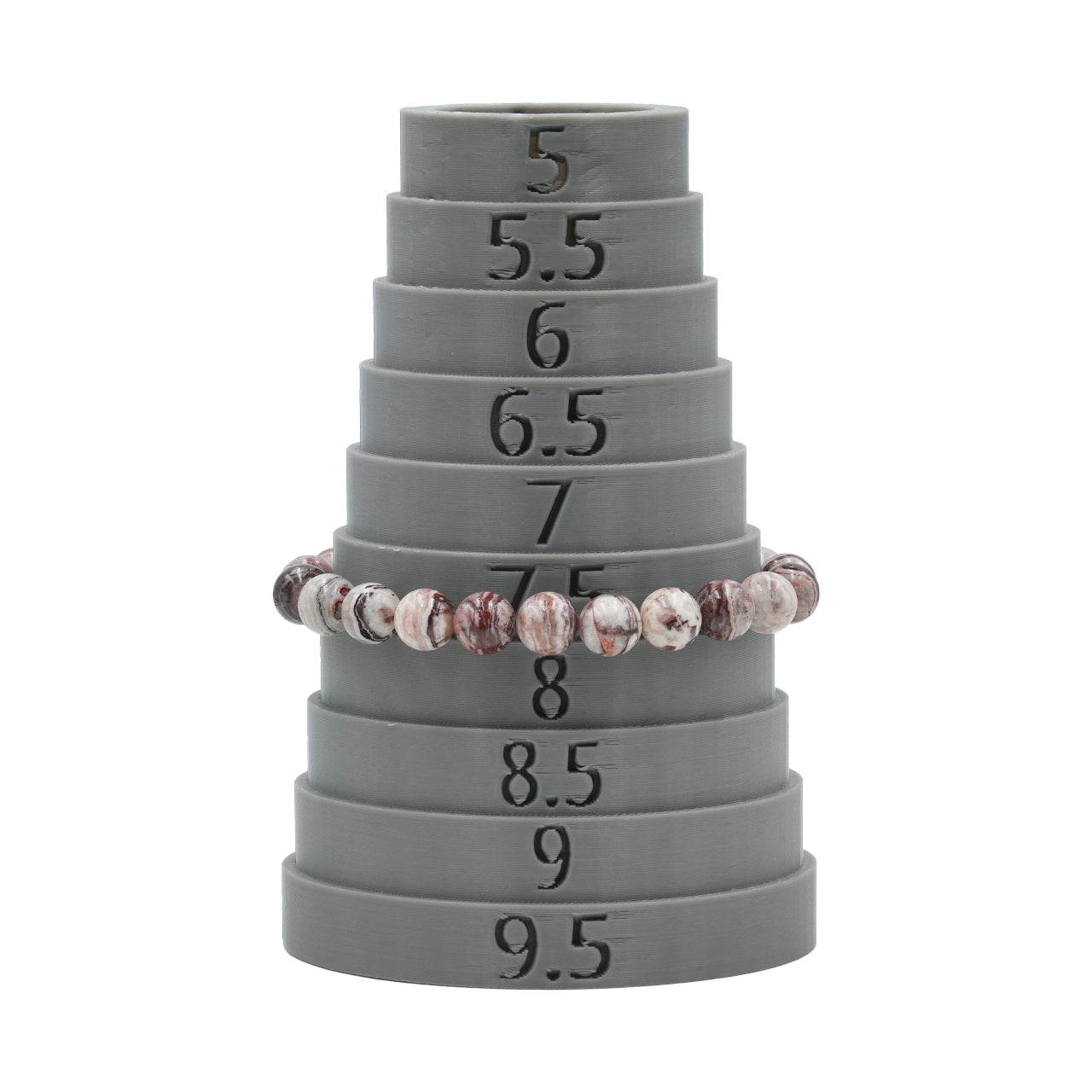 Arizona agate mountain bead bracelet displayed on a bracelet size cone to show size reference. 