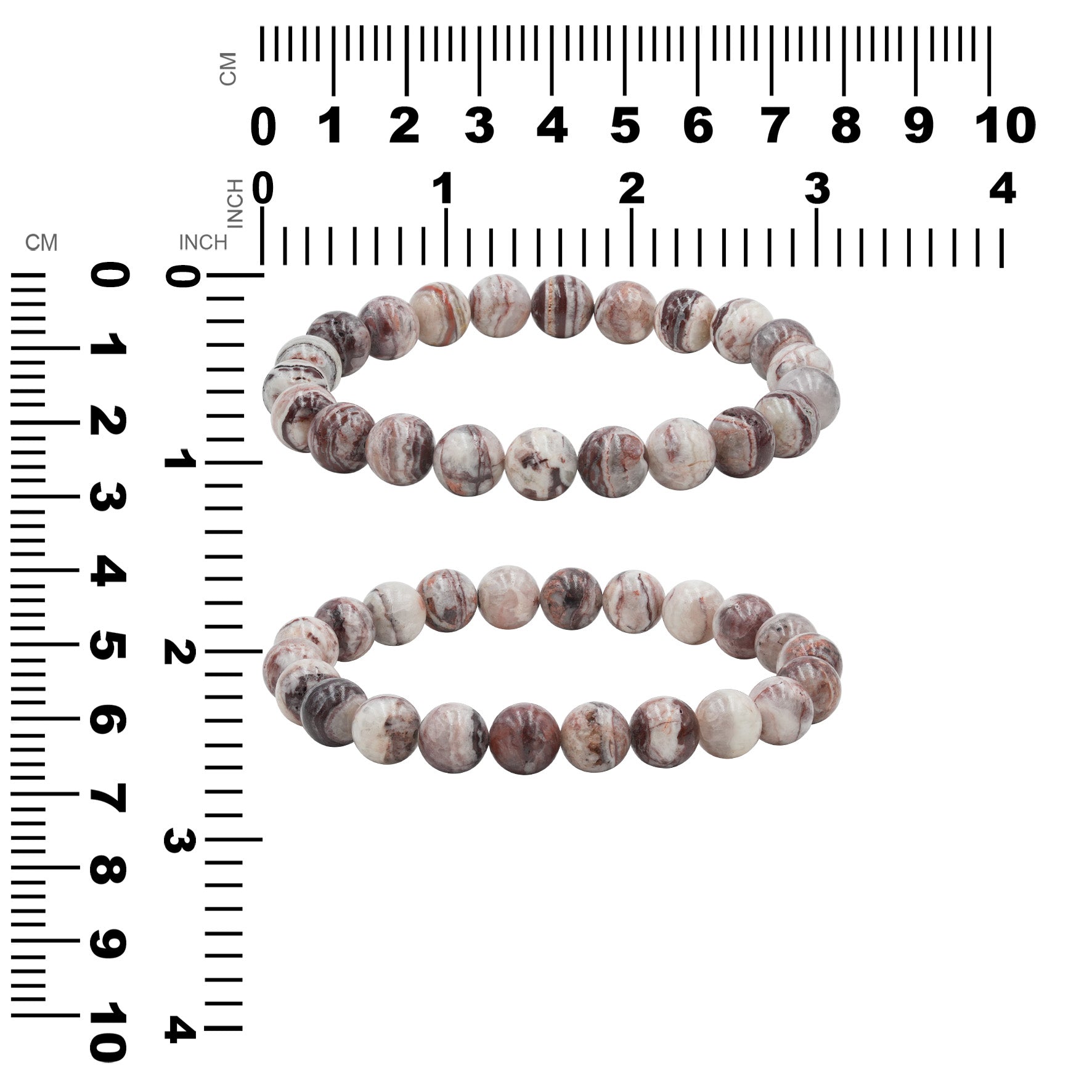 Pair of Arizona Agate Mountain bead bracelet shown next to measurement chart, showing the height and width in inches and centimeters. 