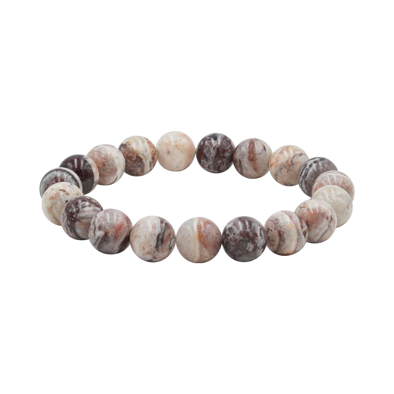 Angled view of the Arizona Agate Mountain bead bracelet showing variation in bead color and patterns. 