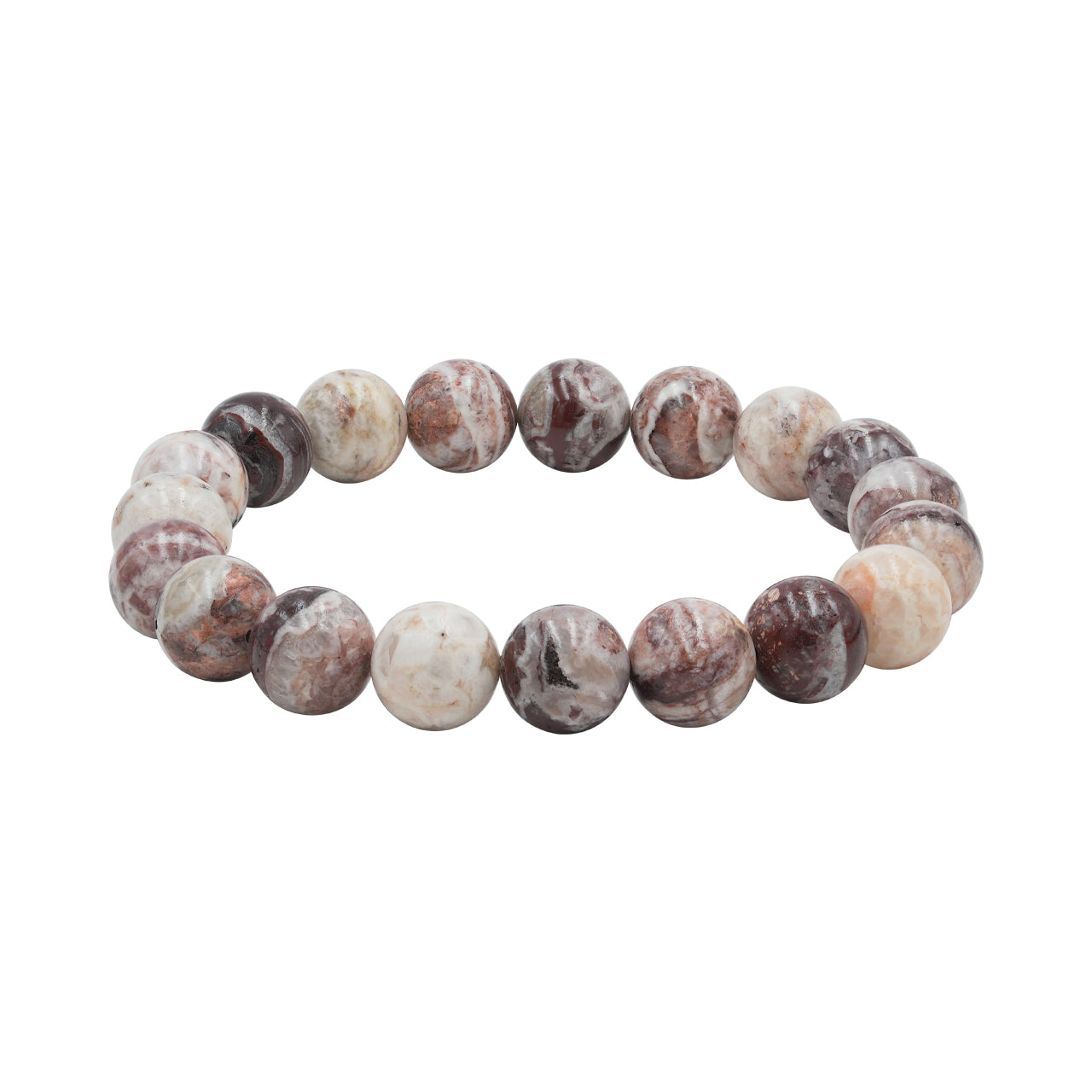 Alternate angled view of the Arizona Agate Mountain bead bracelet showing variation in bead color and patterns. 