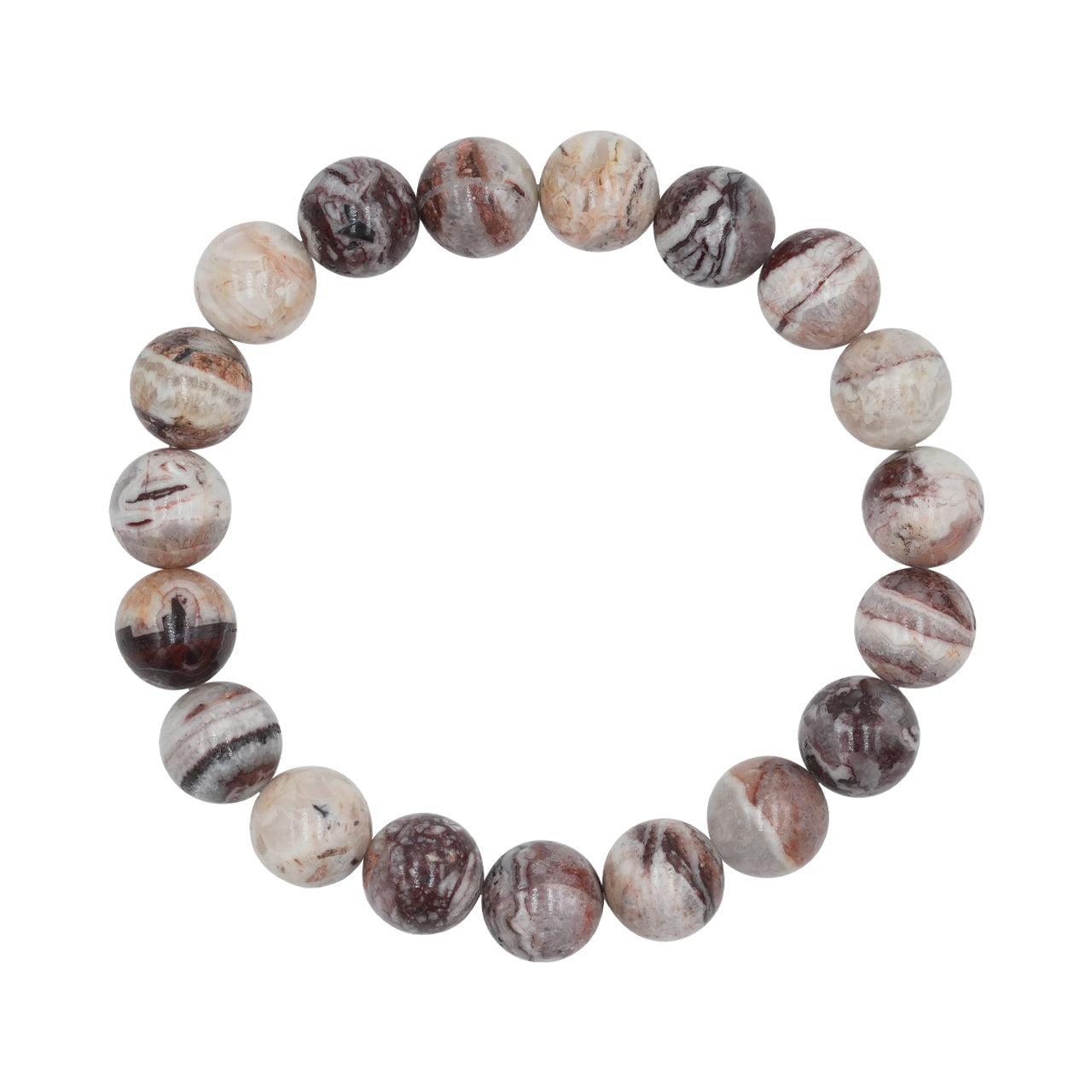 Front view of a round Arizona Agate Mountain bead bracelet showing polished beads with natural grey, white, and reddish-brown banding.