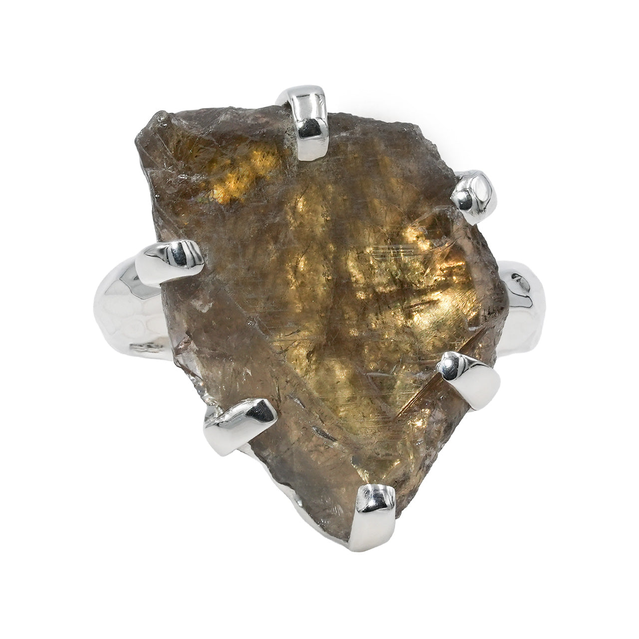 Second alternate front view of an Axinite prong‑set ring showing grey-brown natural crystal with fibrous, layered striation patterns. 