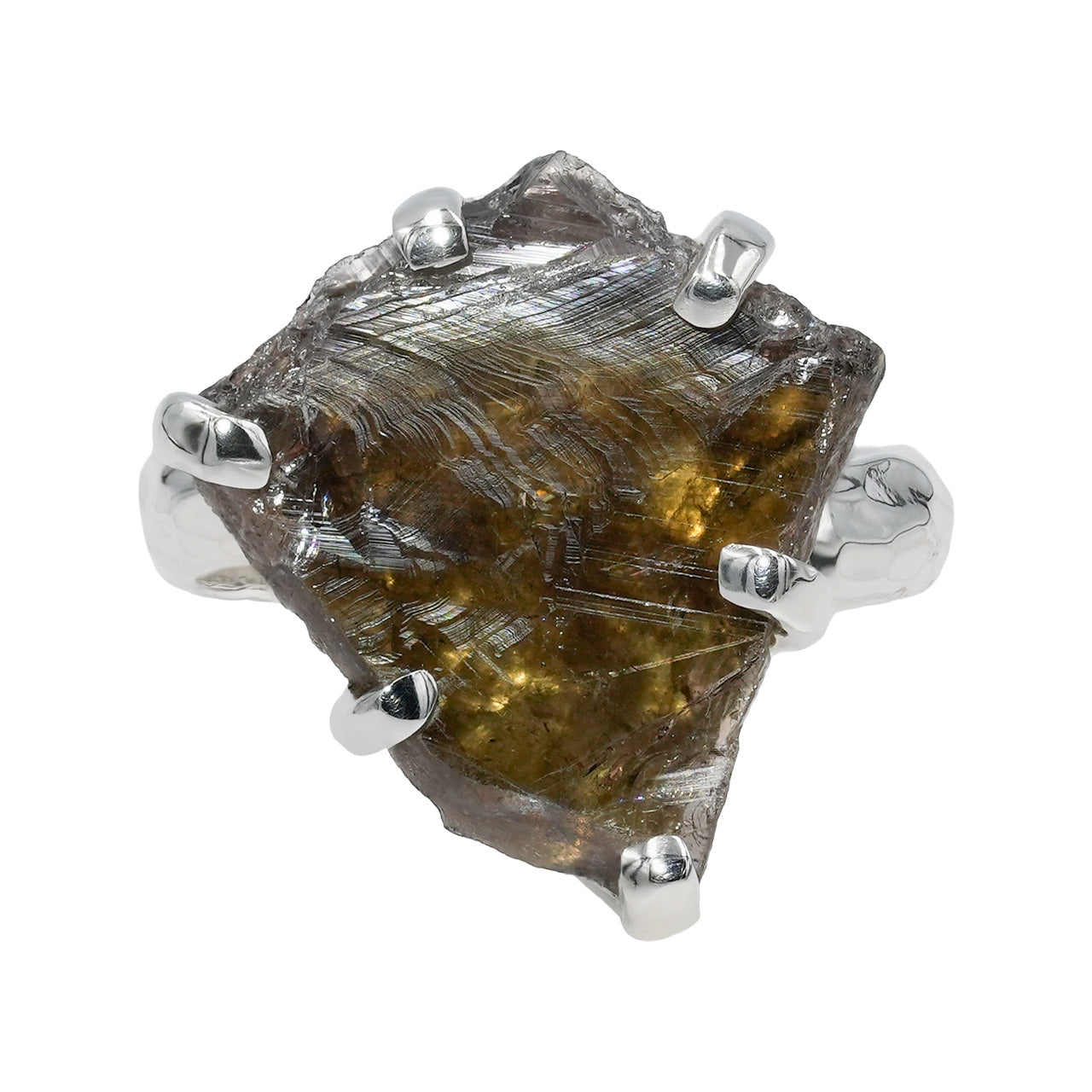 Alternate front view of an Axinite prong‑set ring showing grey-brown natural crystal with fibrous, layered striation patterns. 