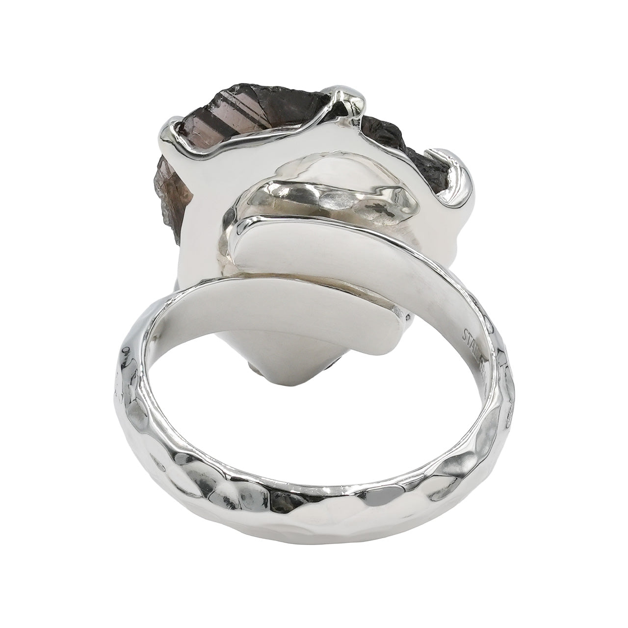 Back view of an Axinite prong set ring showing the adjustable band 