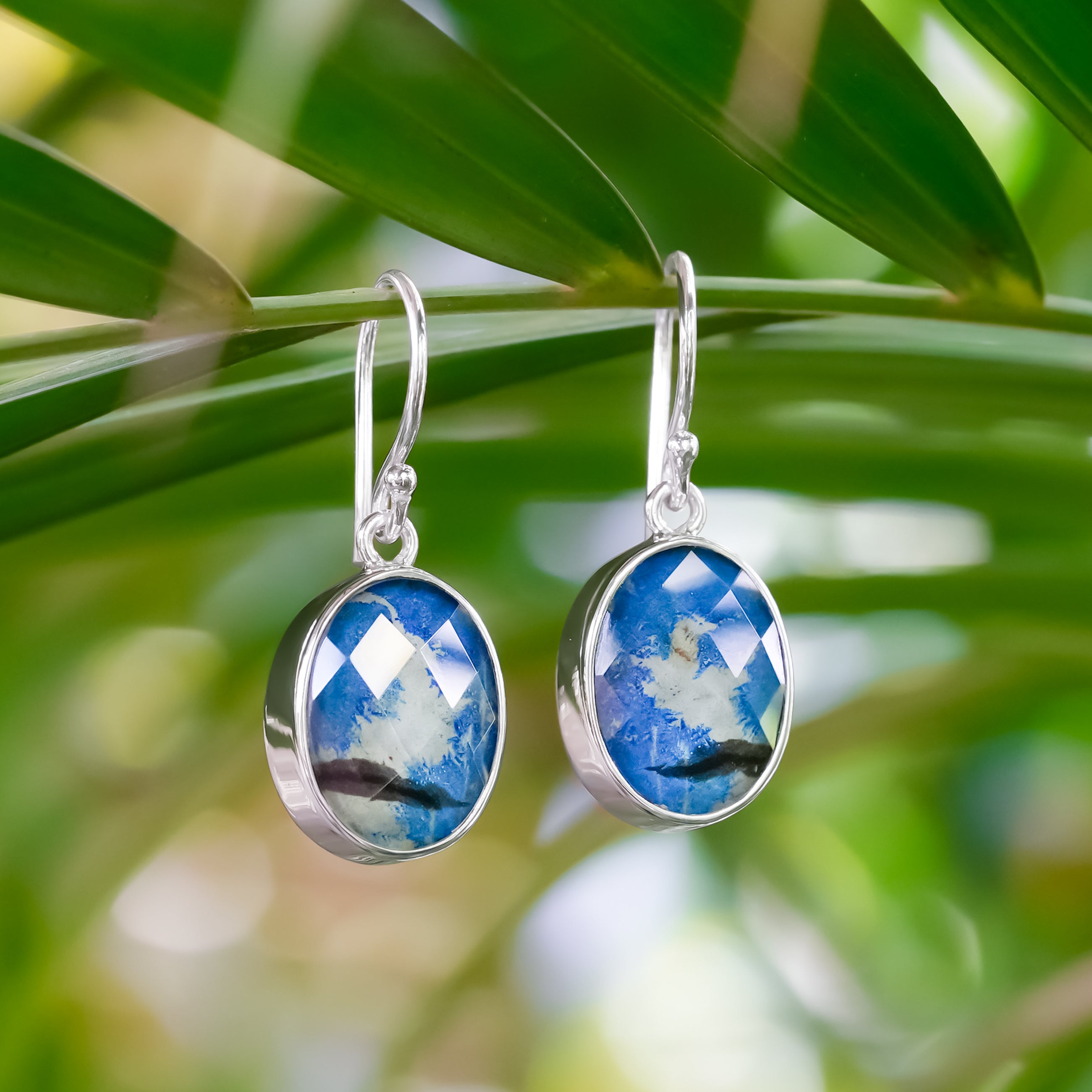 Starborn Faceted Azurite Malachite Doublet Oval Earrings in Sterling Silver