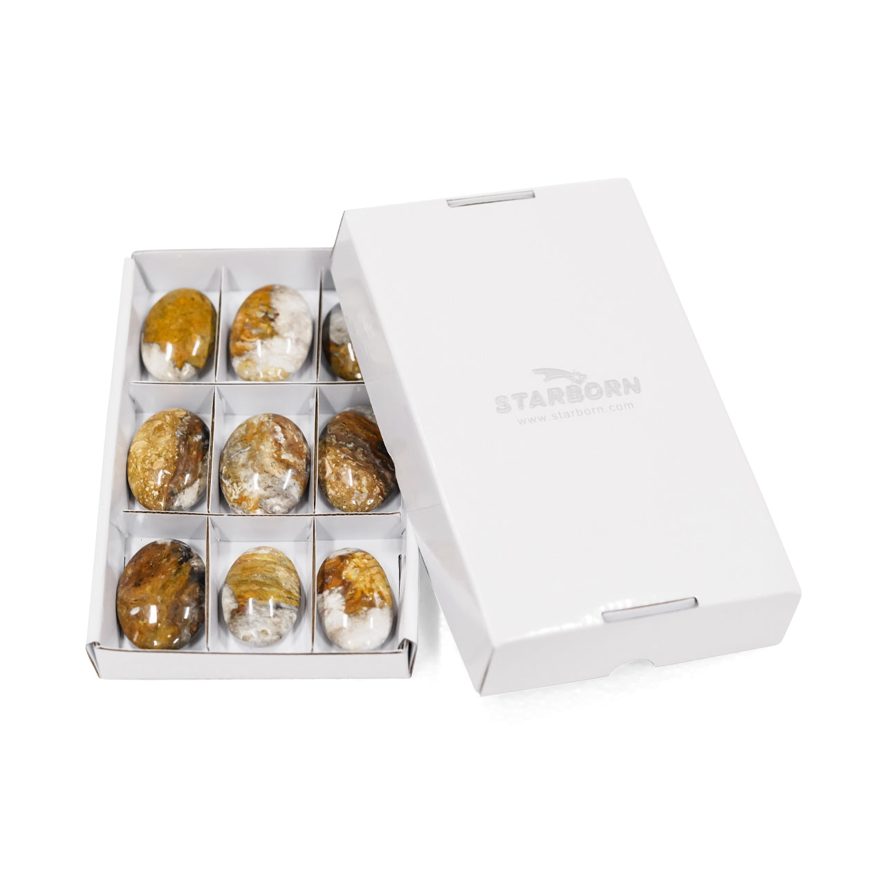 Front-facing view of the same sturdy flat sectional box shown with the lid removed and positioned next to the box, displaying nine oval bumblebee jasper stones in individual compartments.