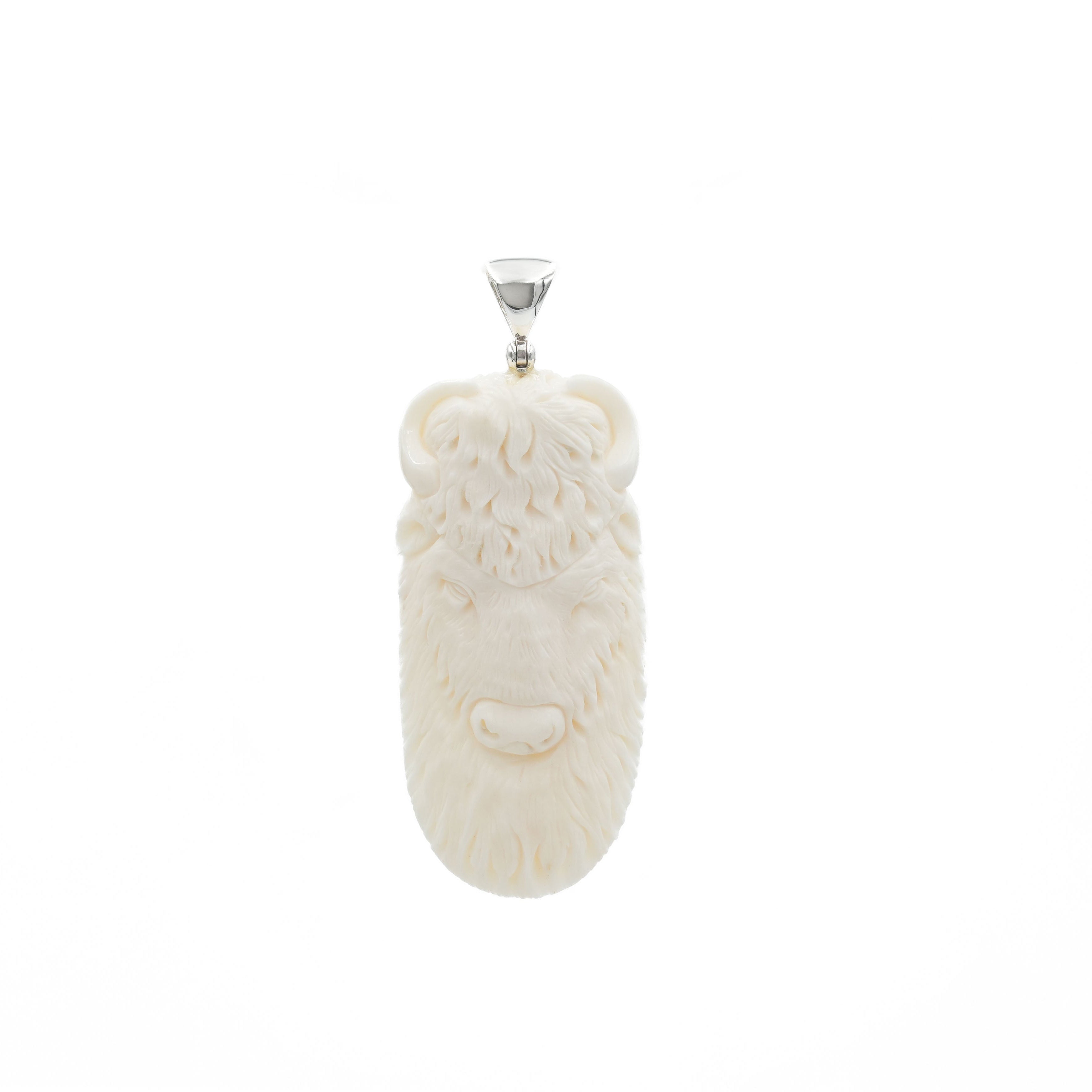 Starborn Carved Buffalo Bone Pendant Bison Head in Sterling Silver