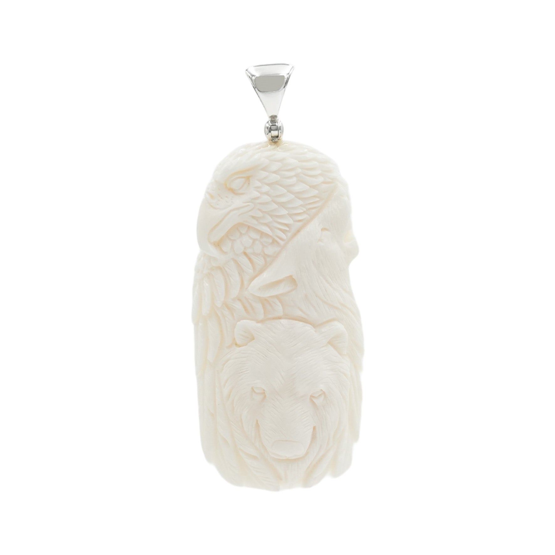 Starborn Carved Buffalo Bone Pendant with Bear, Wolf, & Eagle in Sterling Silver