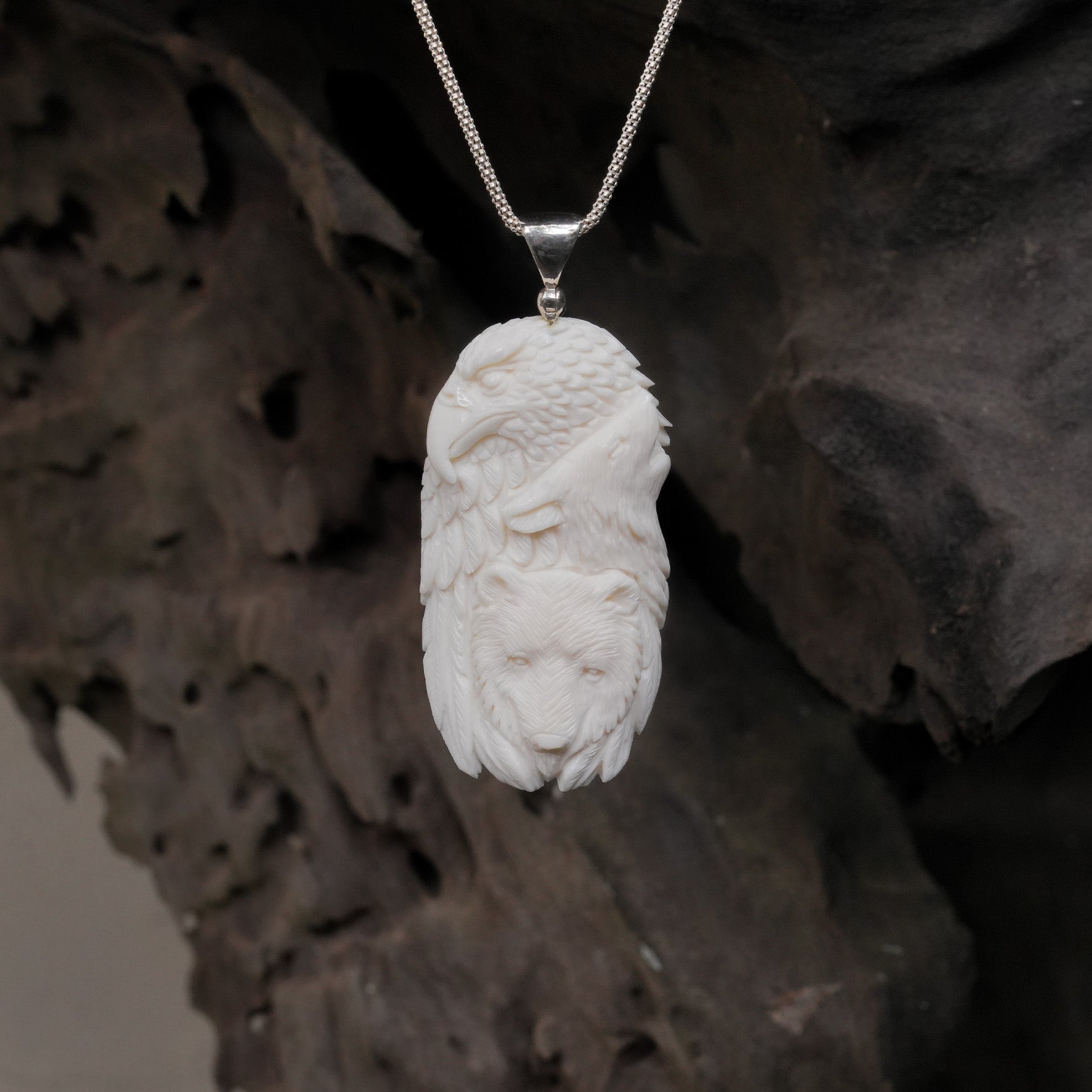 Starborn Carved Buffalo Bone Pendant with Bear, Wolf, & Eagle in Sterling Silver