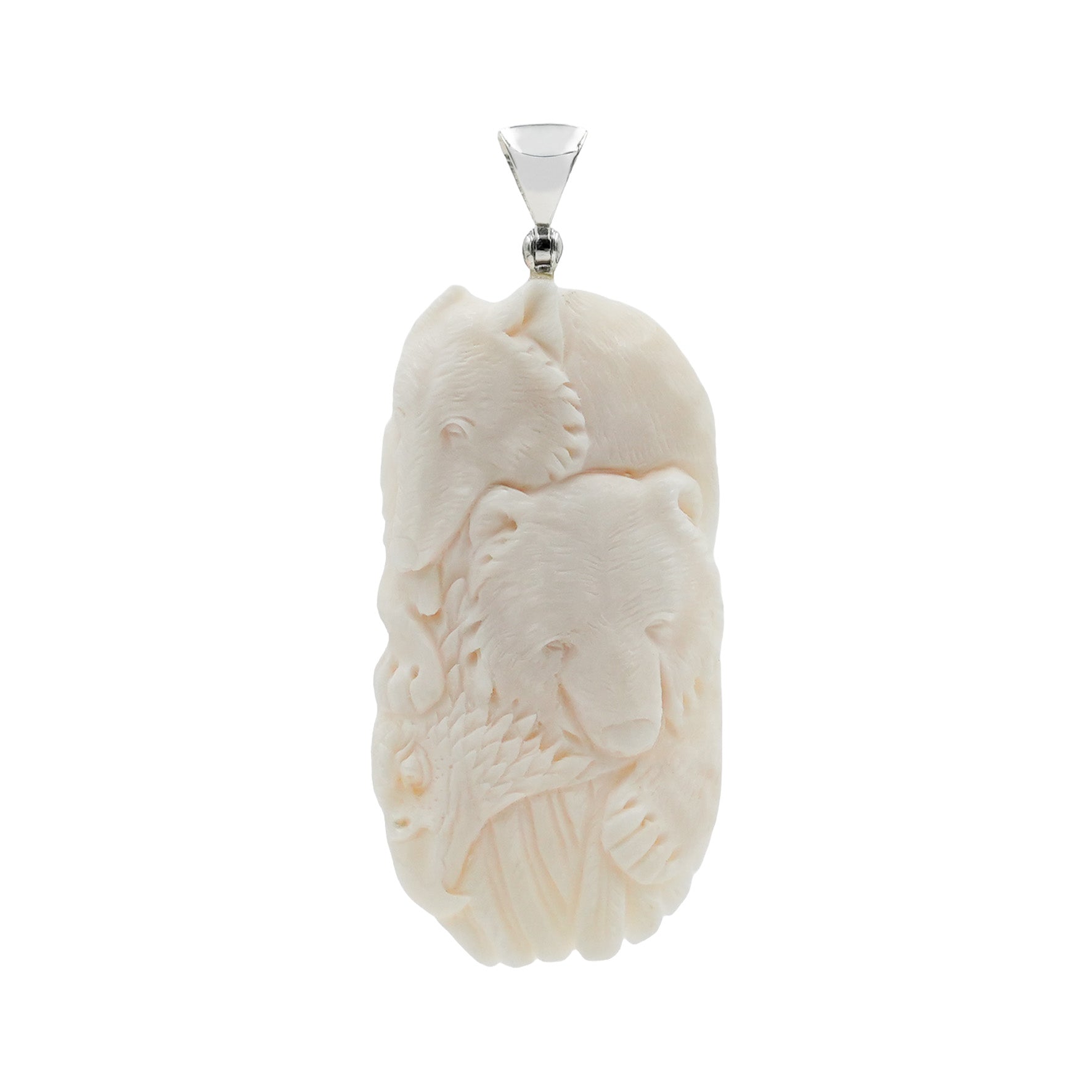 Second front-facing view of a carved buffalo bone pendant depicting an eagle, bear, and wolf in relief, with an elongated rectangular shape, rounded edges, detailed carving, and a silver bail at the top, showcasing variations.