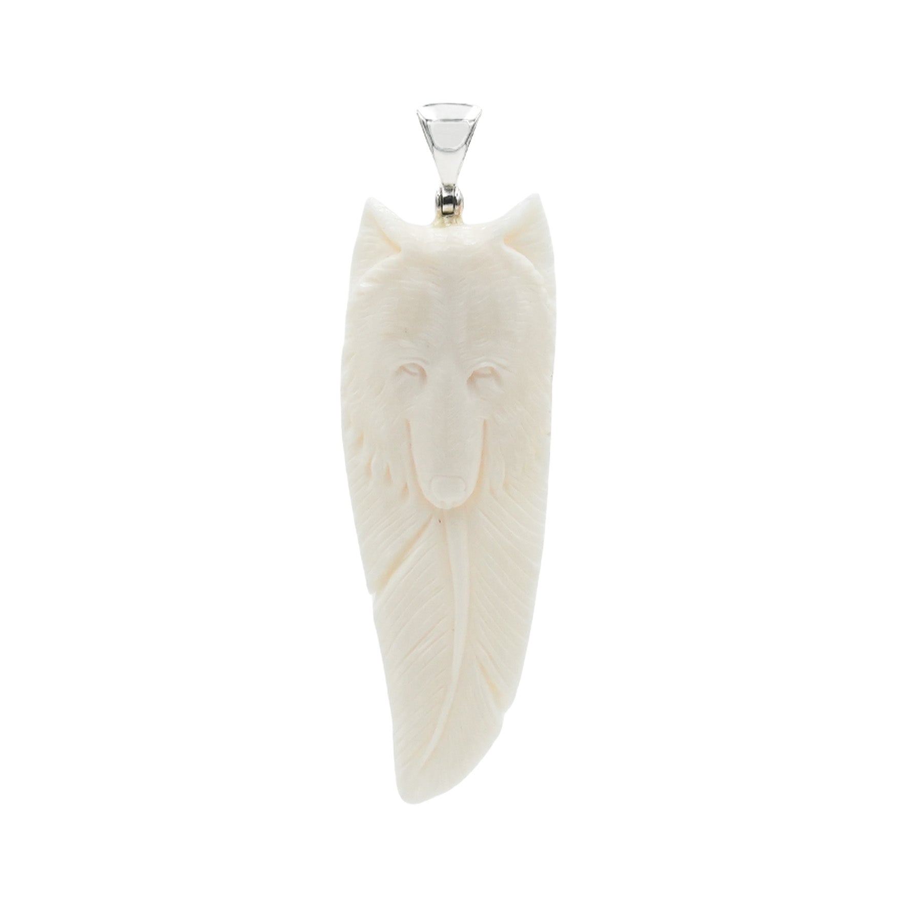 Starborn Carved Buffalo Bone Pendant Wolf Head & Feather in Sterling Silver