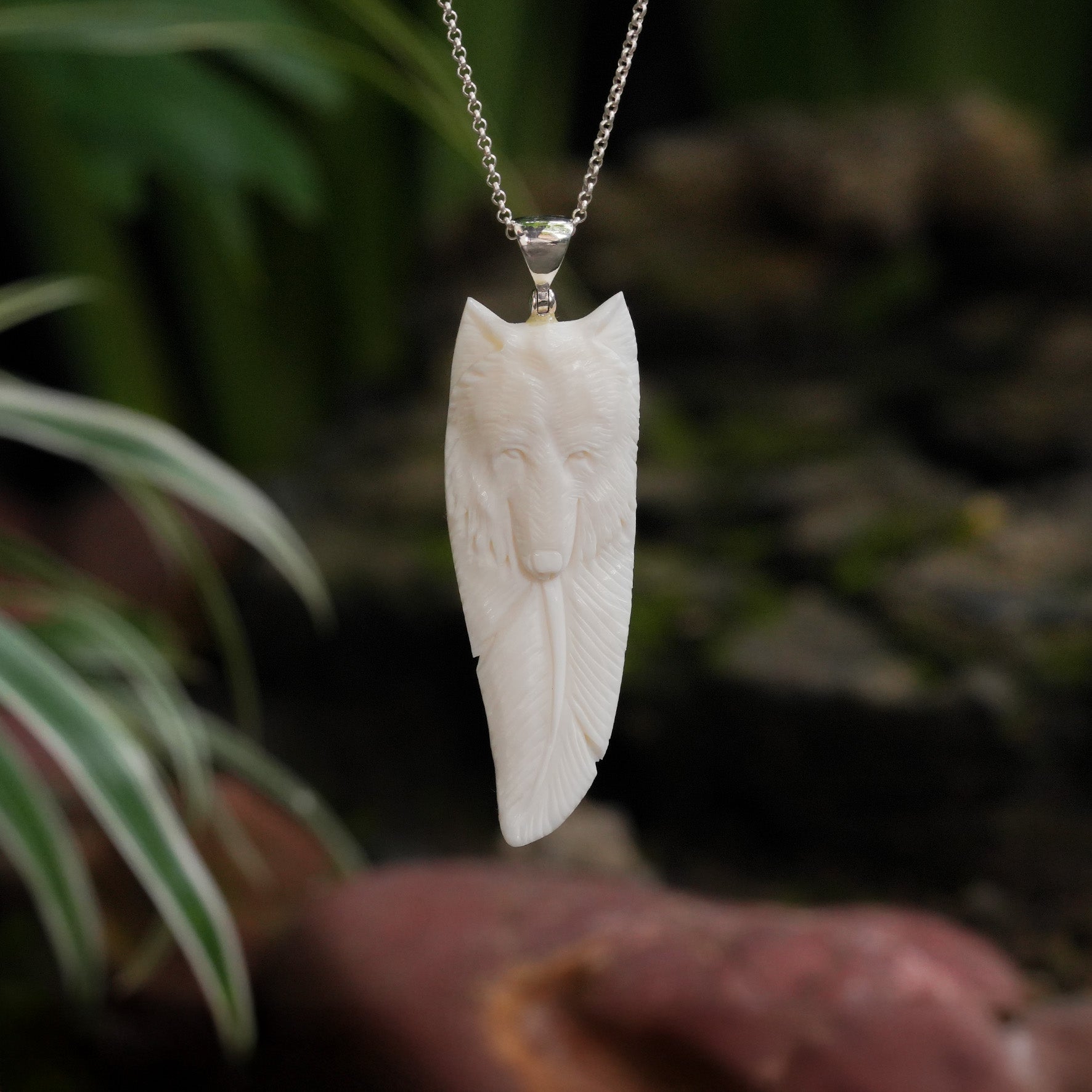 Starborn Carved Buffalo Bone Pendant Wolf Head & Feather in Sterling Silver