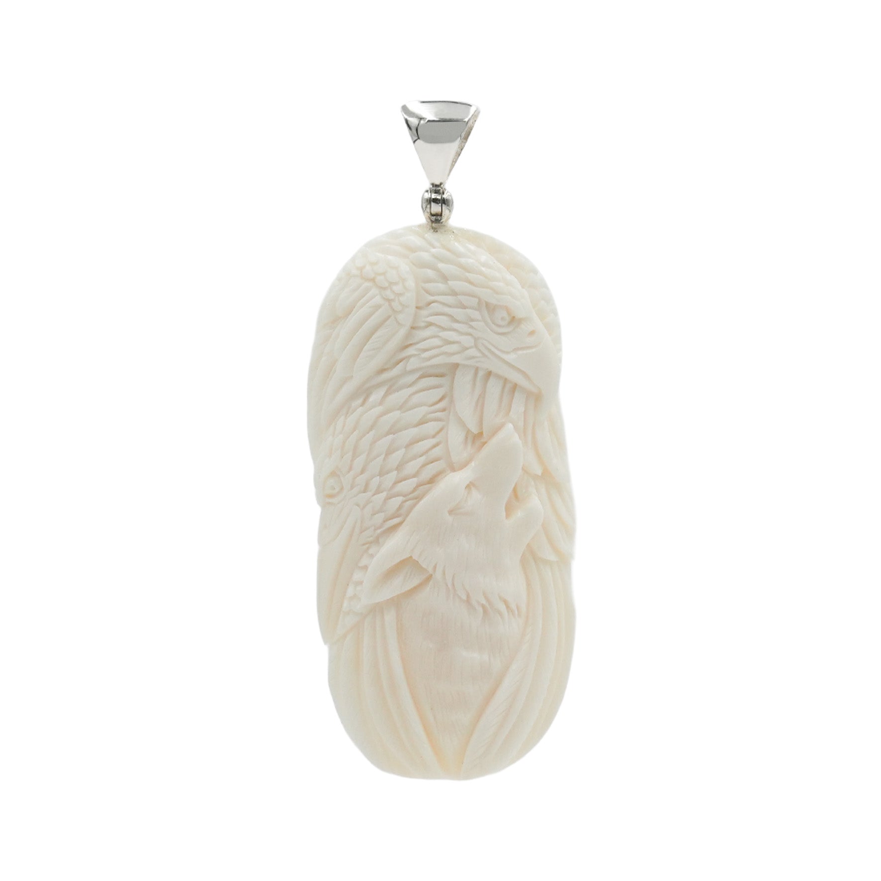 Starborn Carved Buffalo Bone Pendant Wolf & Two Eagles in Sterling Silver