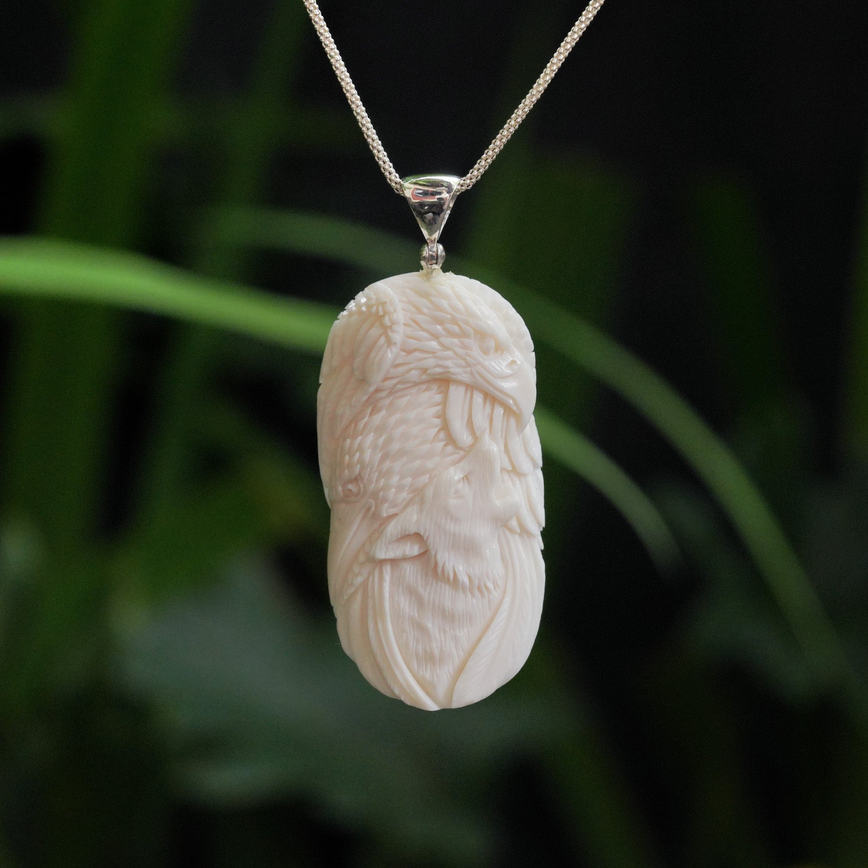 Starborn Carved Buffalo Bone Pendant Wolf & Two Eagles in Sterling Silver