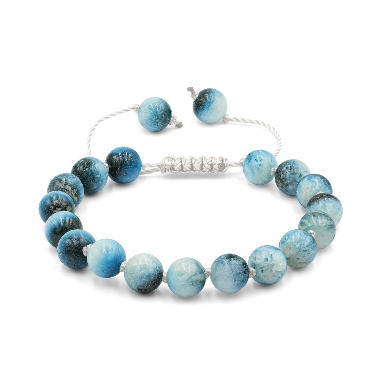 Blue Ice Glacierite adjustable beaded bracelet on white nylon thread featuring 8 mm, 17 pieces beads.