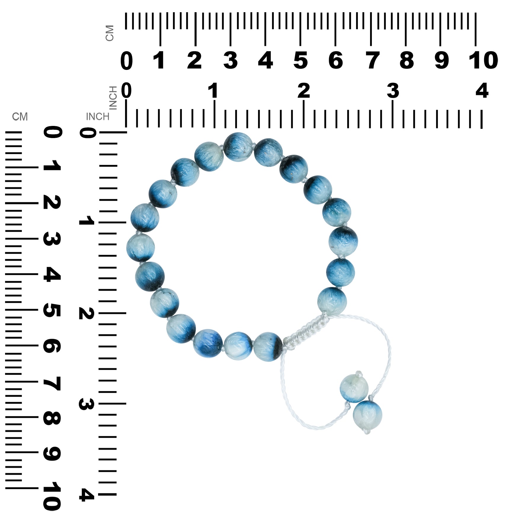 Blue Ice Glacierite adjustable beaded bracelet on white nylon thread featuring 8 mm, 19 pieces beads.