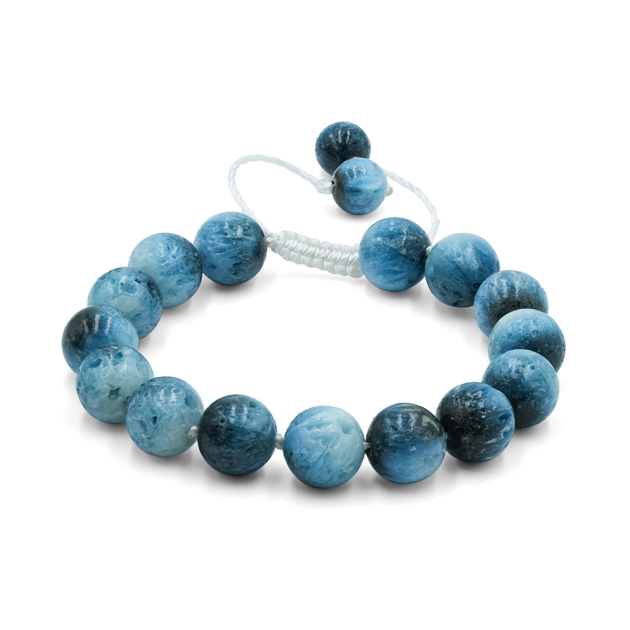 Blue Ice Glacierite adjustable beaded bracelet on white nylon thread featuring 10 mm, 15 pieces beads.
