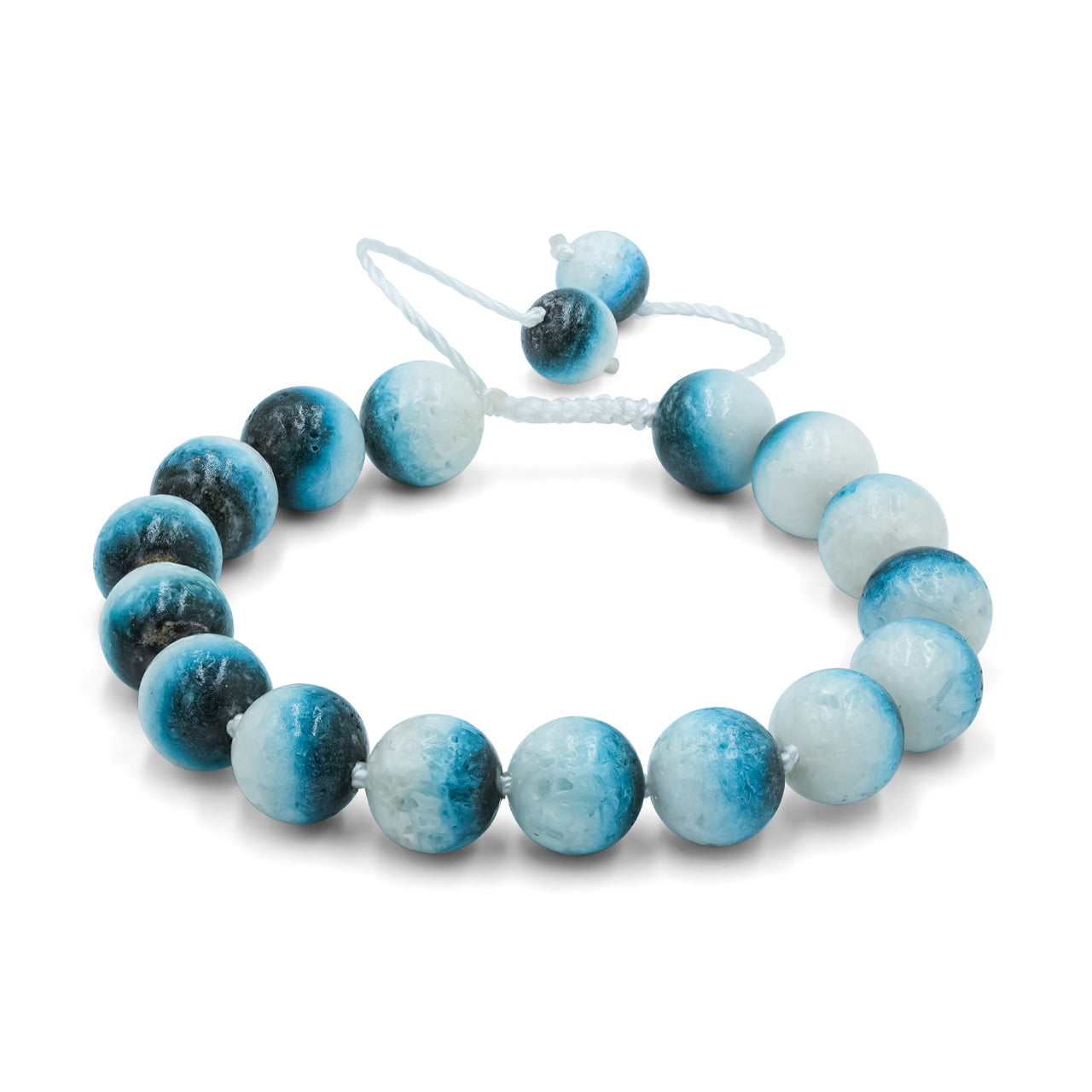 Blue Ice Glacierite adjustable beaded bracelet on white nylon thread featuring 10 mm, 16 pieces beads.