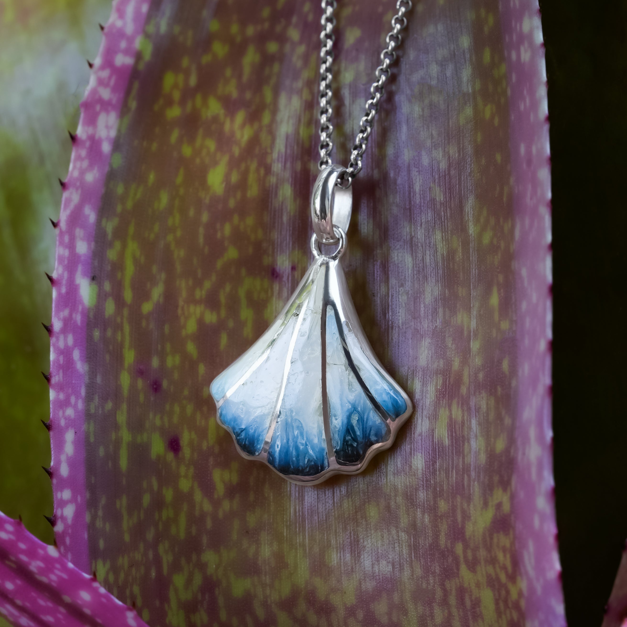 Starborn Blue Ice Glacierite Inlaid Scallop Seashell Pendant in Sterling Silver