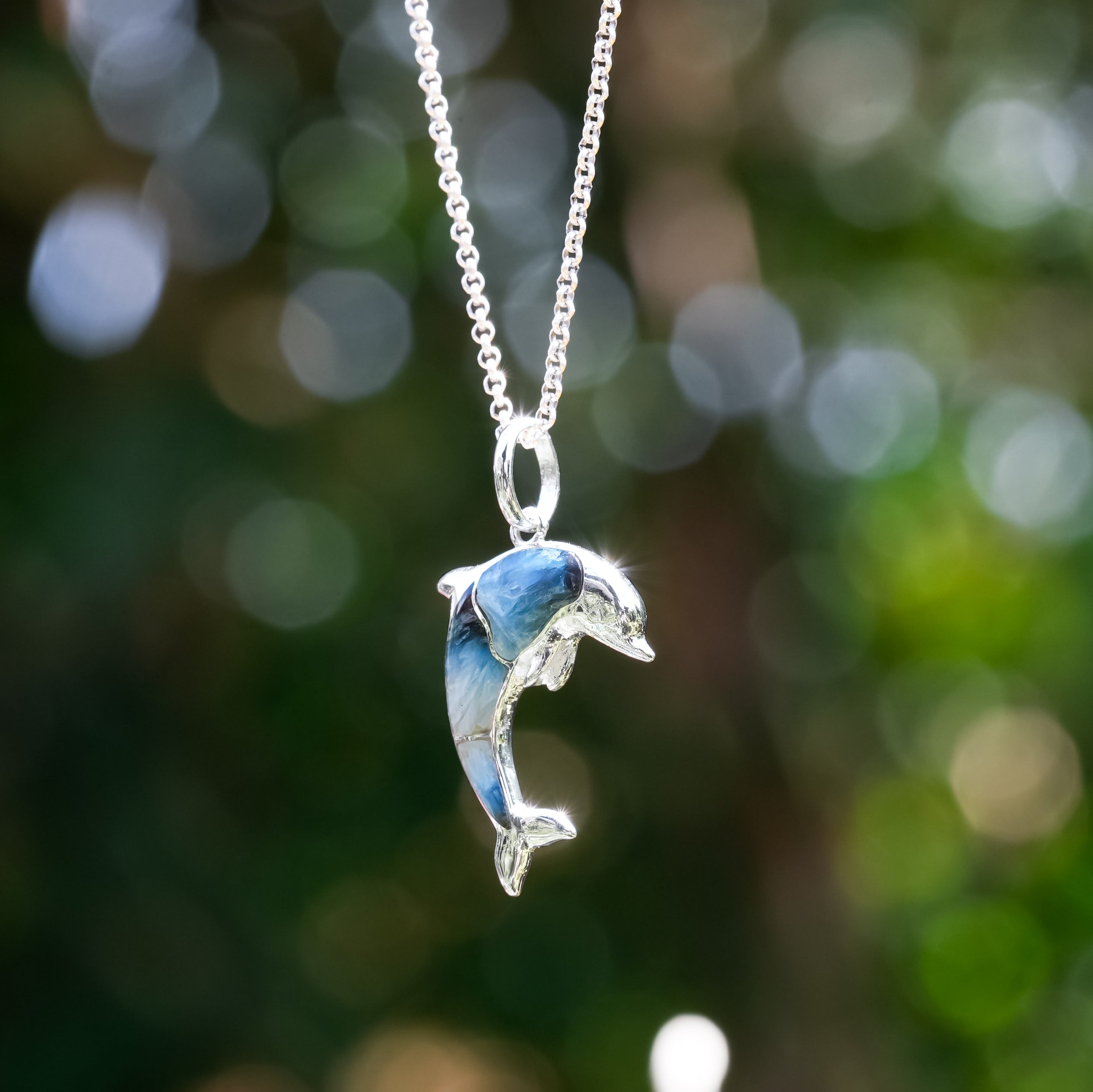 Starborn Gemstone Inlay Dolphin Pendant in Sterling Silver