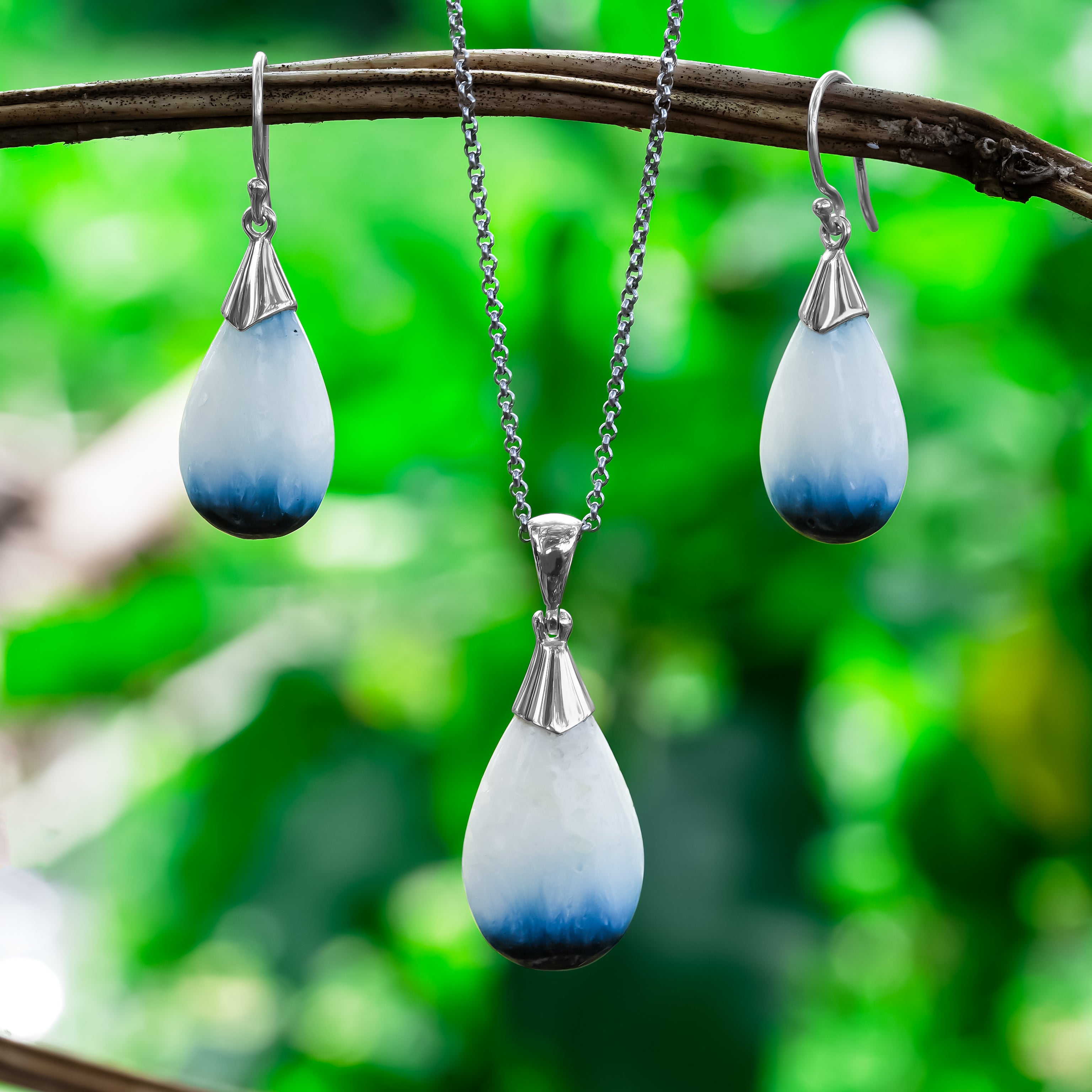 Starborn Blue Ice Glacierite Sterling Silber Anhänger und Ohrring Set - Birnenförmig