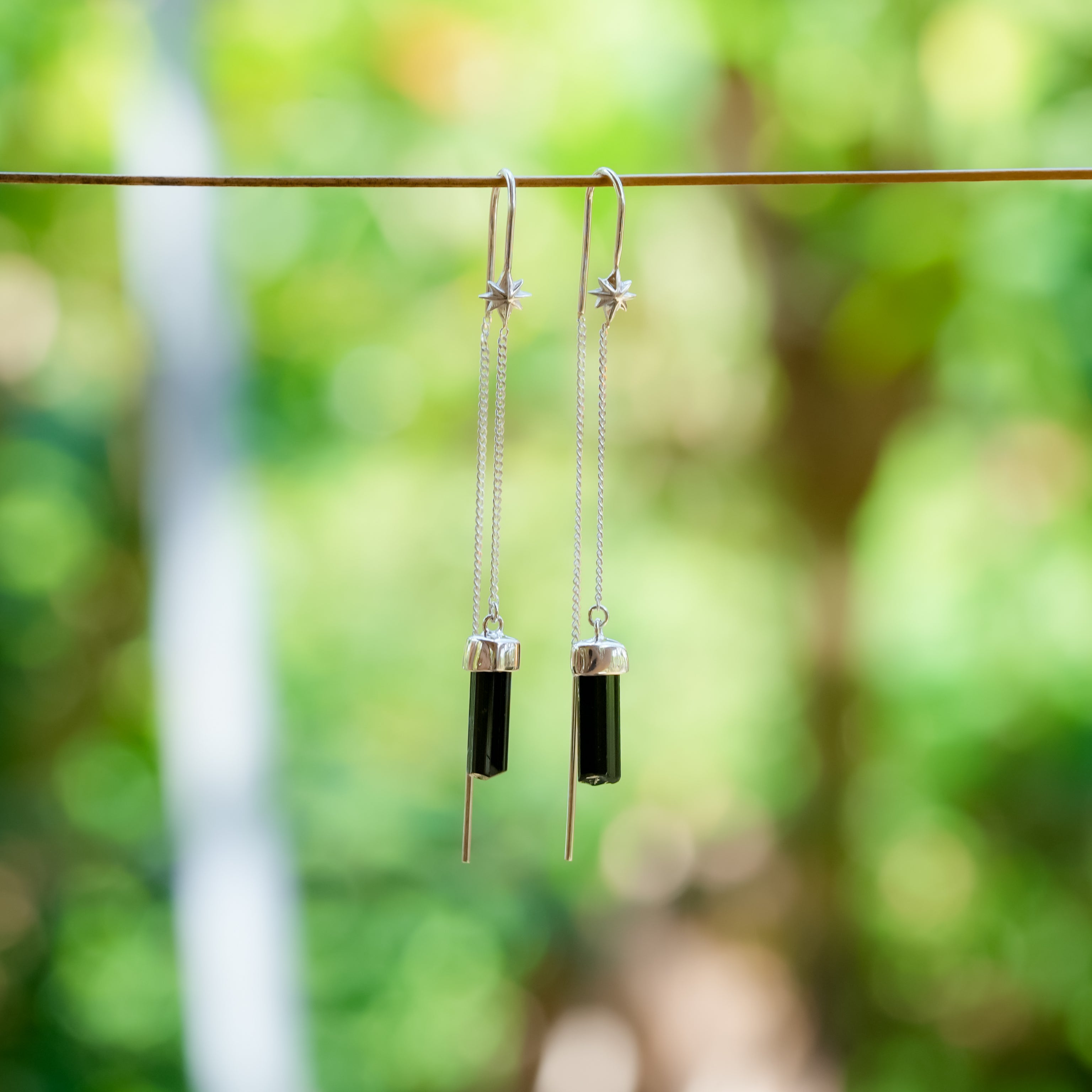 Starborn Tourmaline Crystal Threader Earring with Star Accent in Sterling Silver