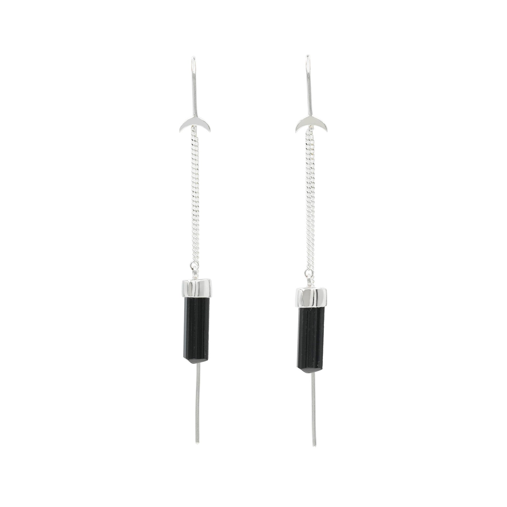 Starborn Tourmaline Crystal Threader Earrings with Crescent Moon Accents in Sterling Silver