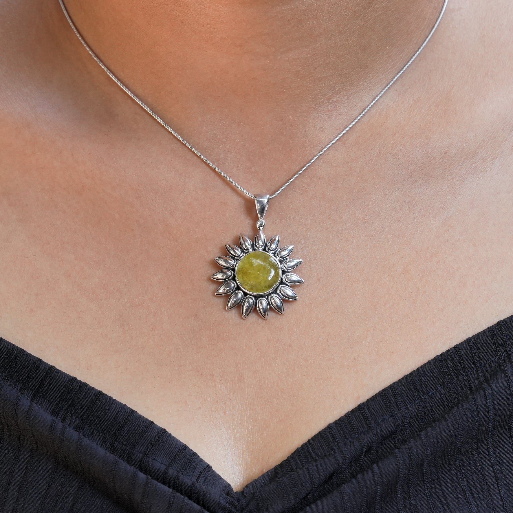 Starborn Brucite Sunflower Pendant in Sterling Silver