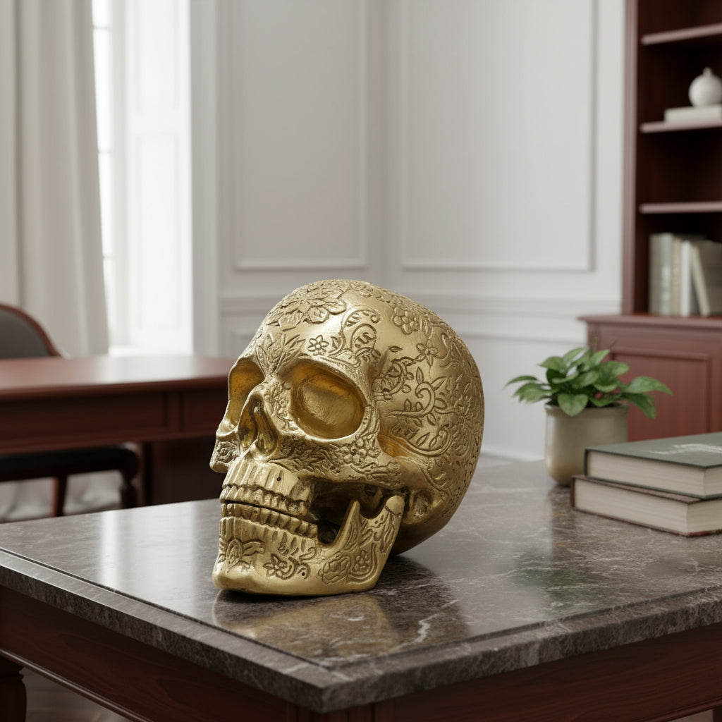  Starborn Gold Skull Bronze Statue with Intricate Details