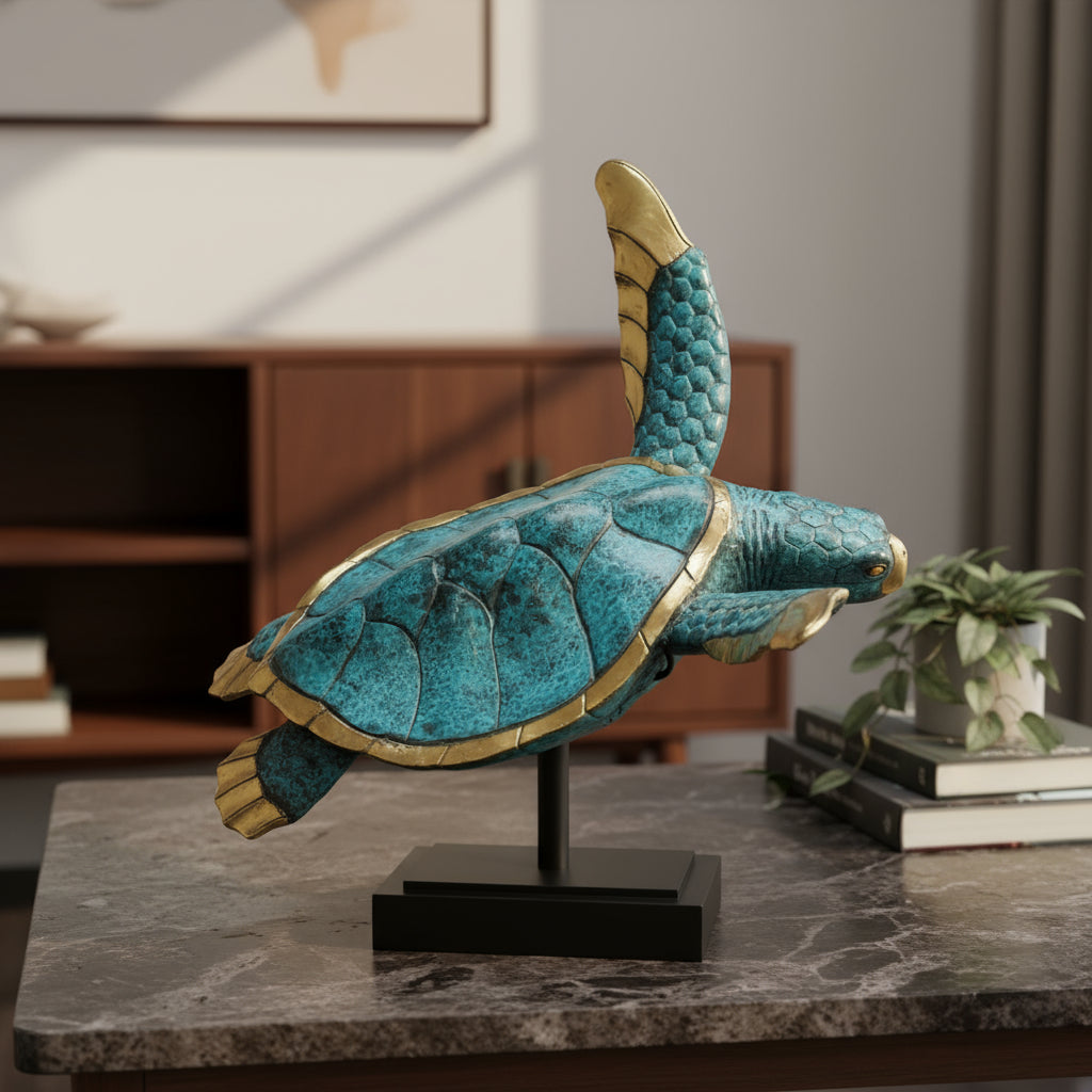 Starborn Blue Turtle Pair Decorative Bronze Statue with Stand - Small