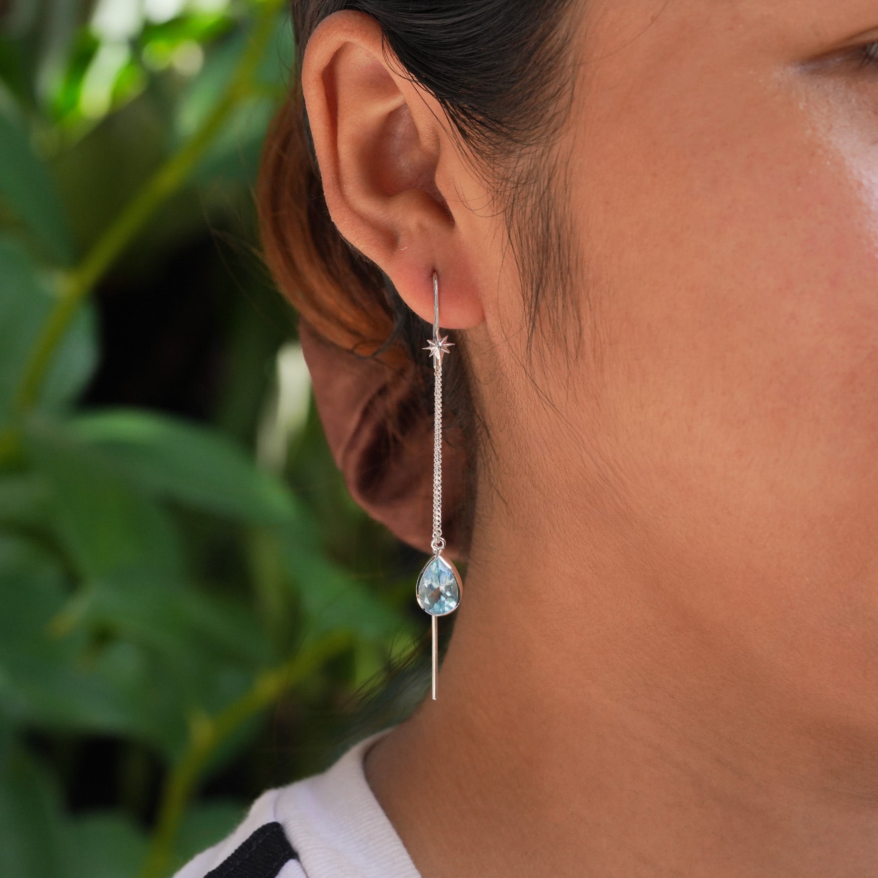 Starborn Blue Topaz Pear Faceted Threader Earring with Star Accents in Sterling Silver