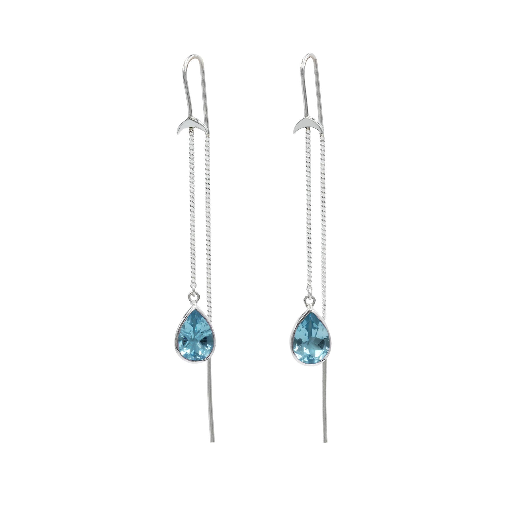 Starborn Blue Topaz Pear Faceted Threader Earring with Crescent Moons Accents in Sterling Silver