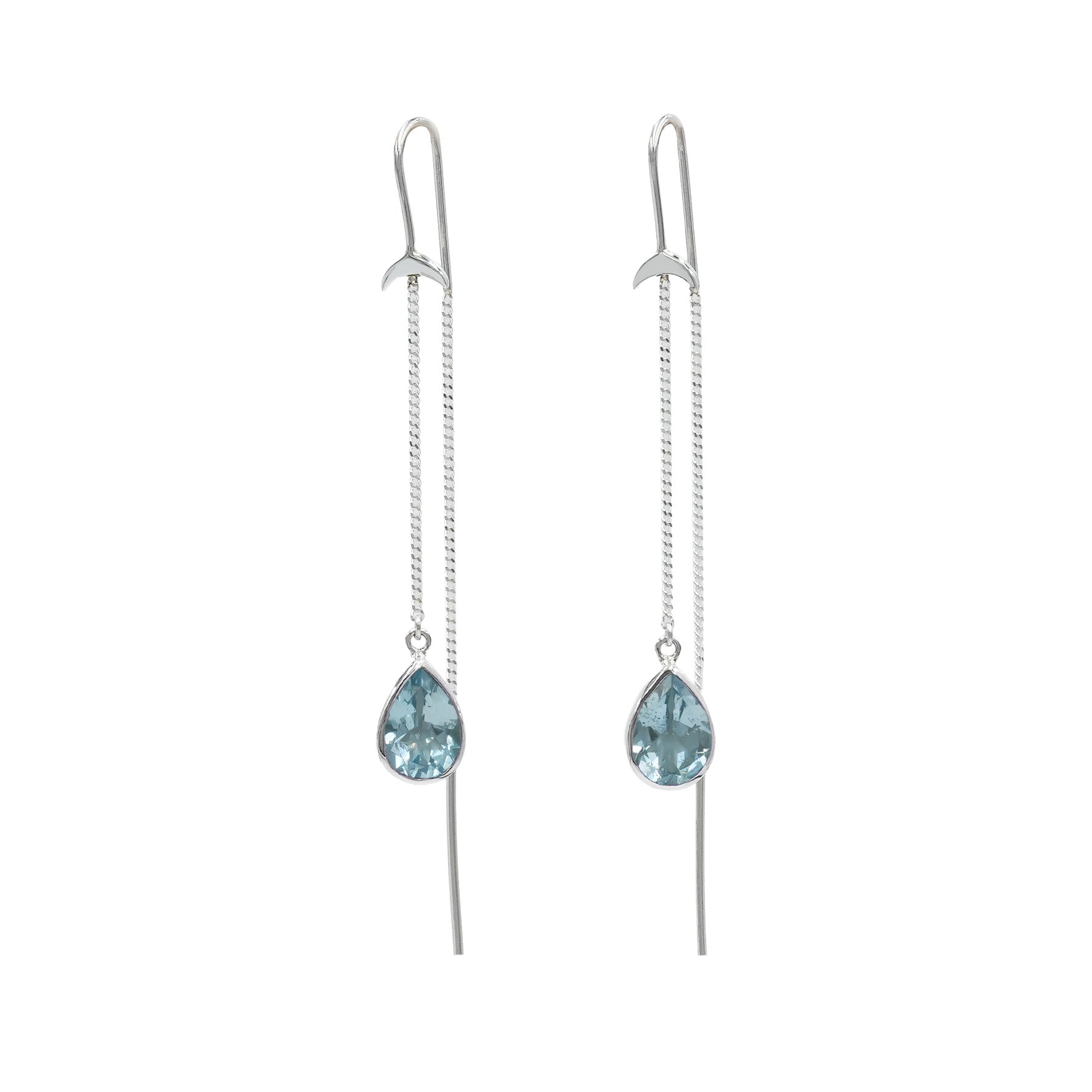 Starborn Blue Topaz Pear Faceted Threader Earring with Crescent Moons Accents in Sterling Silver