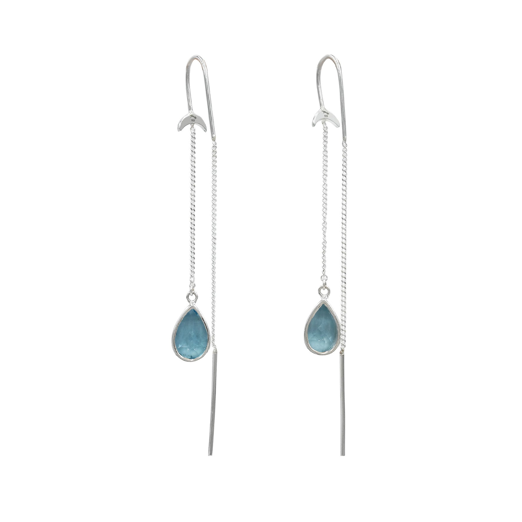 Starborn Blue Topaz Pear Faceted Threader Earring with Crescent Moons Accents in Sterling Silver