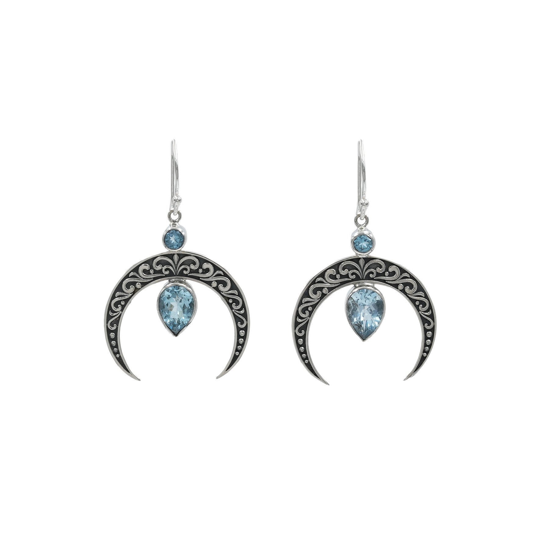 Starborn Crescent Moon Filigree with Pear Faceted Blue Topaz Dangle Earrings in Sterling Silver