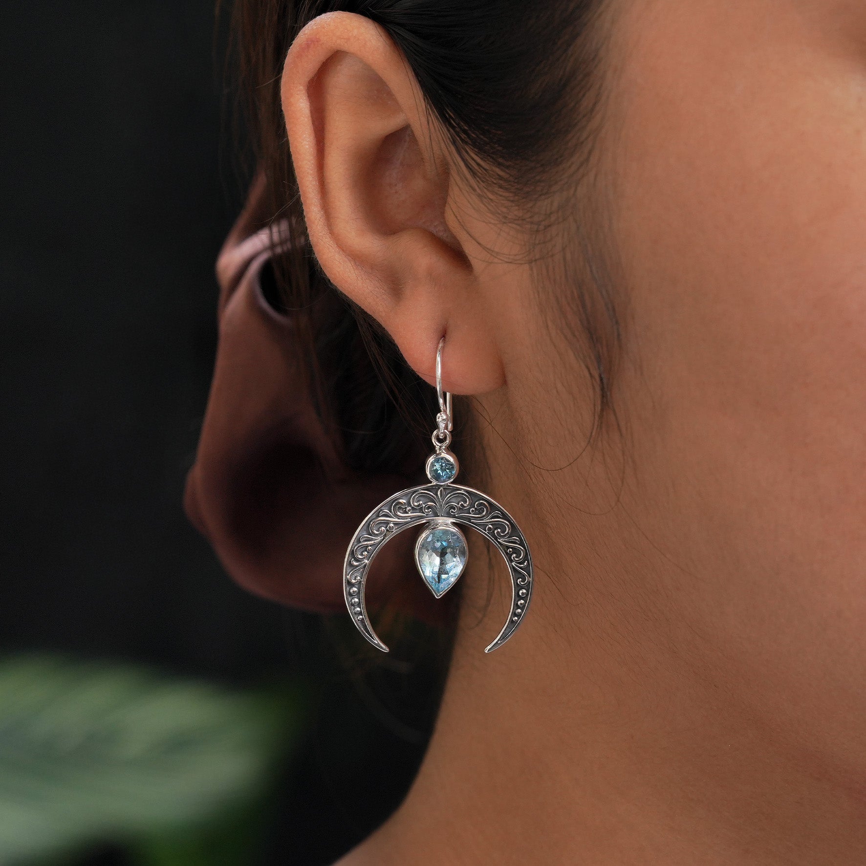 Starborn Crescent Moon Filigree with Pear Faceted Blue Topaz Dangle Earrings in Sterling Silver