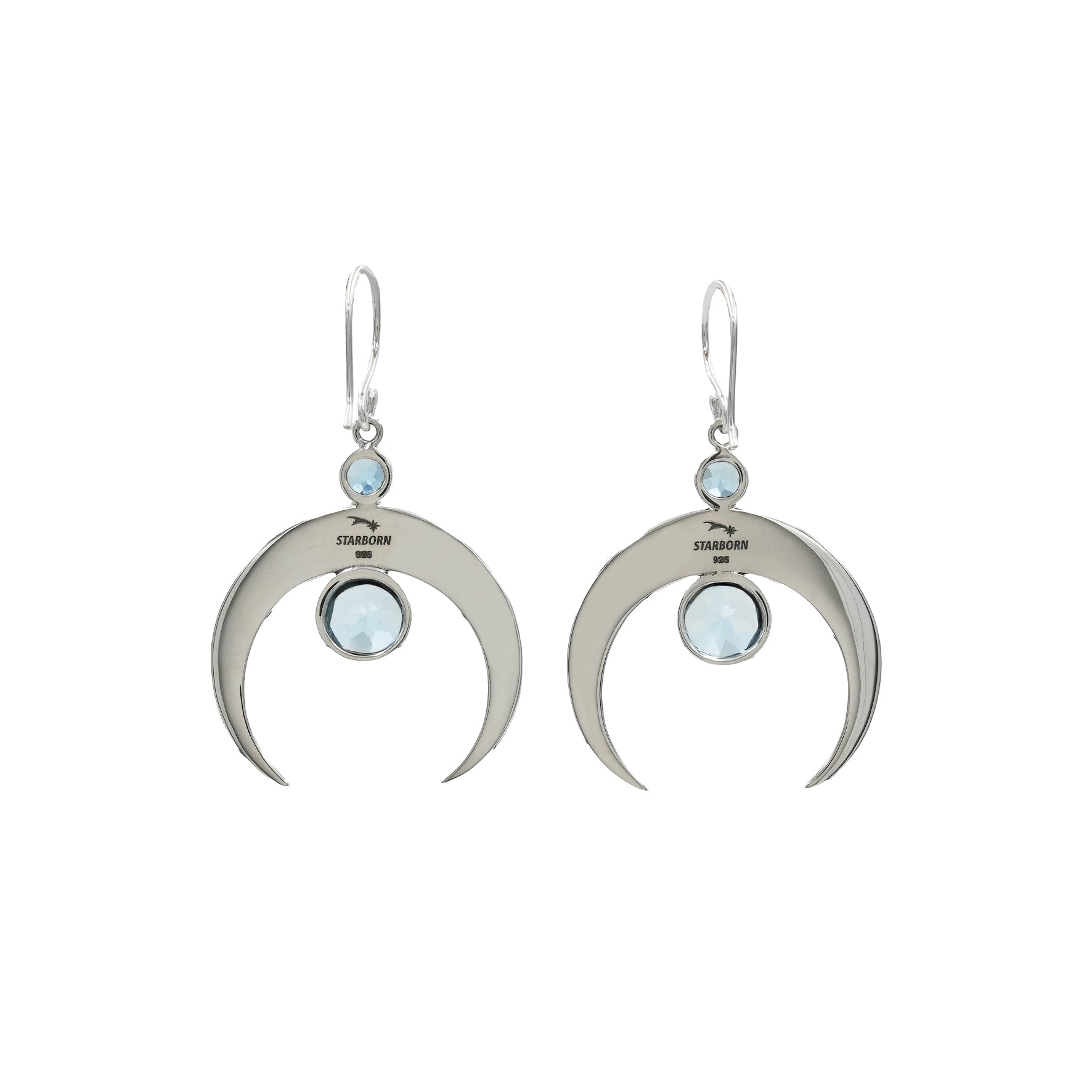 Starborn Crescent Moon Filigree with Round Faceted Blue Topaz Dangle Earrings in Sterling Silver