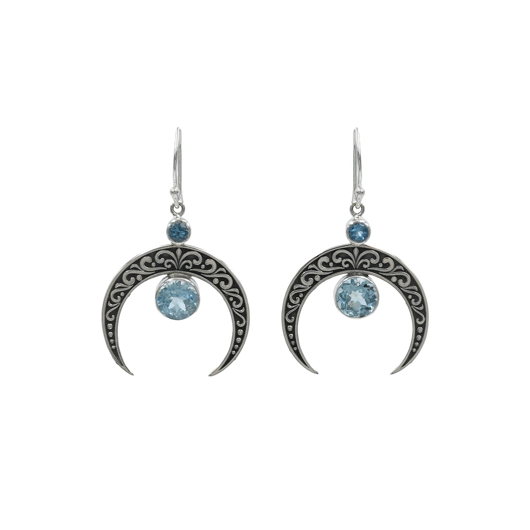 Starborn Crescent Moon Filigree with Round Faceted Blue Topaz Dangle Earrings in Sterling Silver